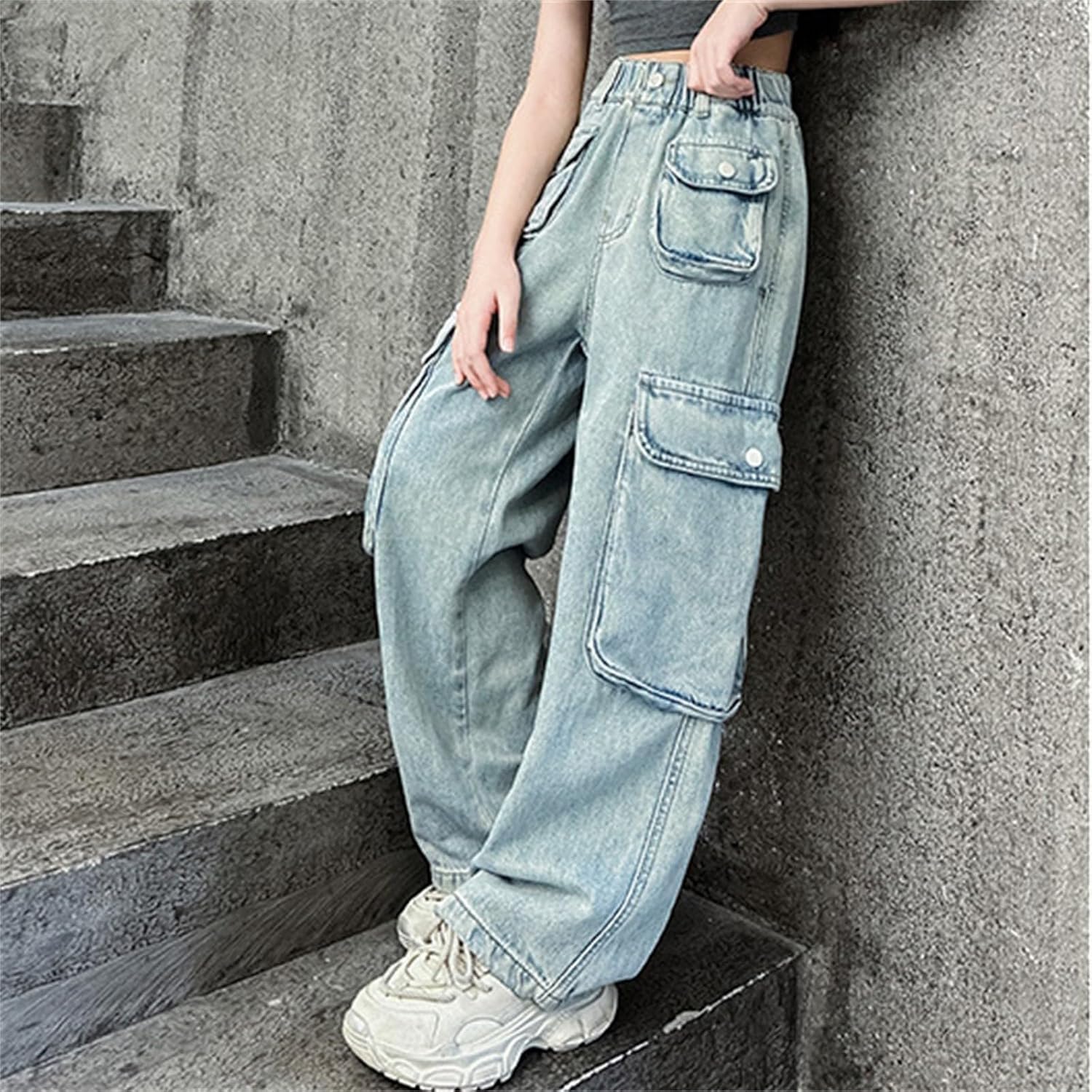 Girls Denim Cargo Pants Distressed Baggy Jeans High Waisted Cargo Pants Y2K Streetwear Wide Leg Jeans Trendy Denim Pants