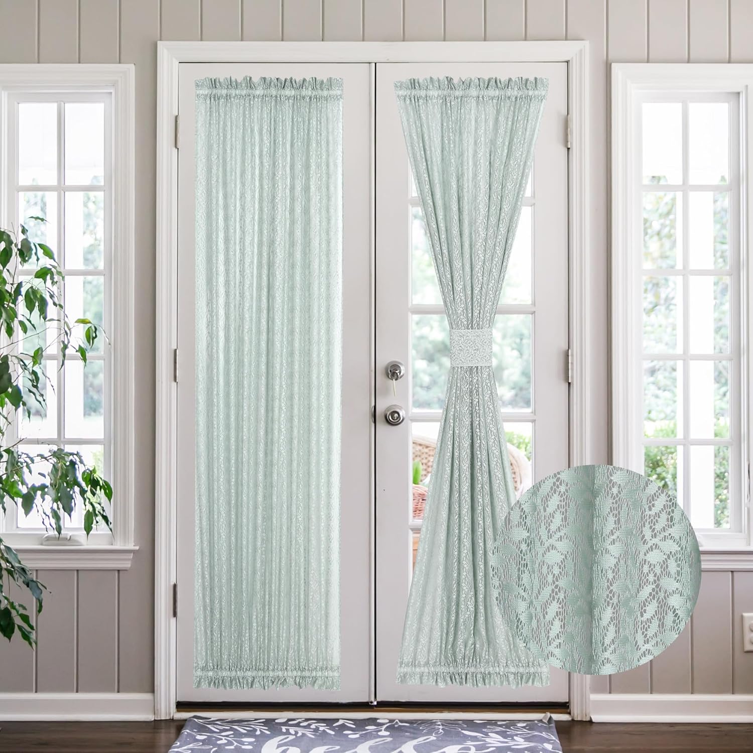 Lace French Door Curtains White Leaves Branch Knitted Textured Semi Sheer Sidelight Curtain Panels 72 Inch Long, 2 Pack with Tieback