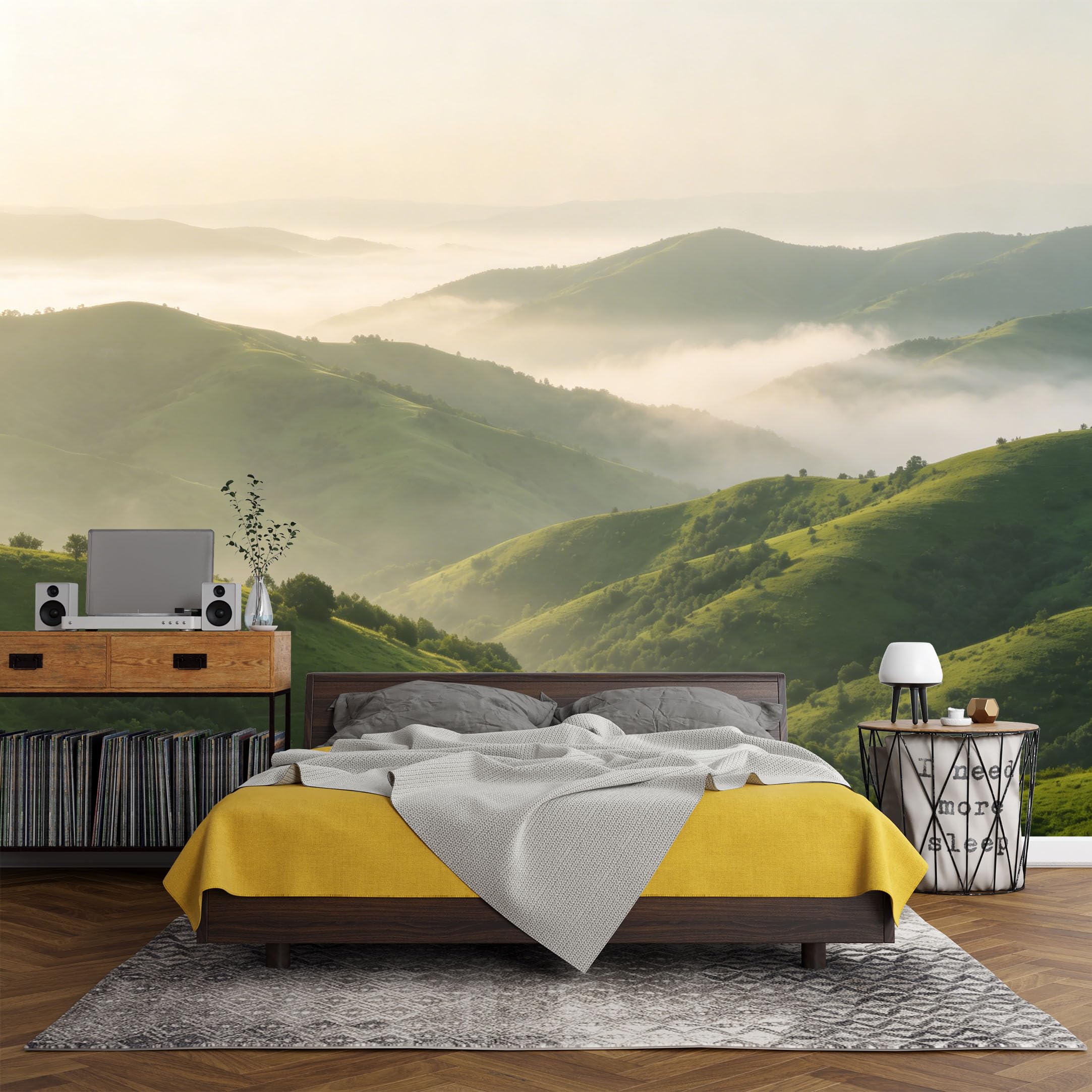 Custom Size Wall Mural， Mountain Landscape Morning Mist Green Hills Nature Scenery，SelfAdhesive Art Prints wall Fabric (No PVC) Removable Wallpaper Living Room Decor