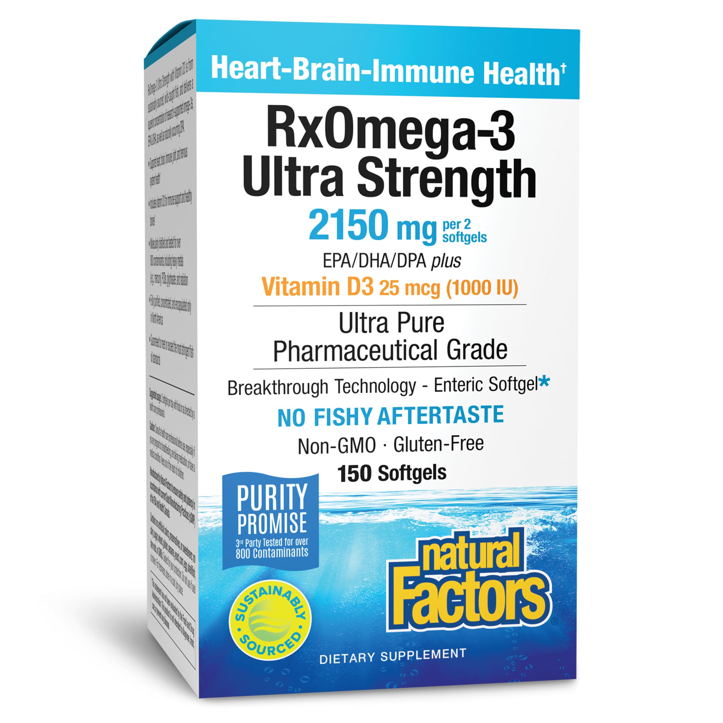 Natural Factors RxOmega-3 Ultra Strength Fish Oil with Vitamin D3, High Potency Formula, 2,150 mg, No Fishy Aftertaste, 150 Softgels