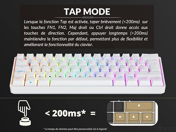 Ranked N60 Nova Clavier Mécanique de Jeu 60% | Hot Swap Gaming Keyboard | 62 Touches Programmables | RGB LED | Mac, PC Windows | AZERTY Français (Blanc, Gateron Pro Yellow) - 4