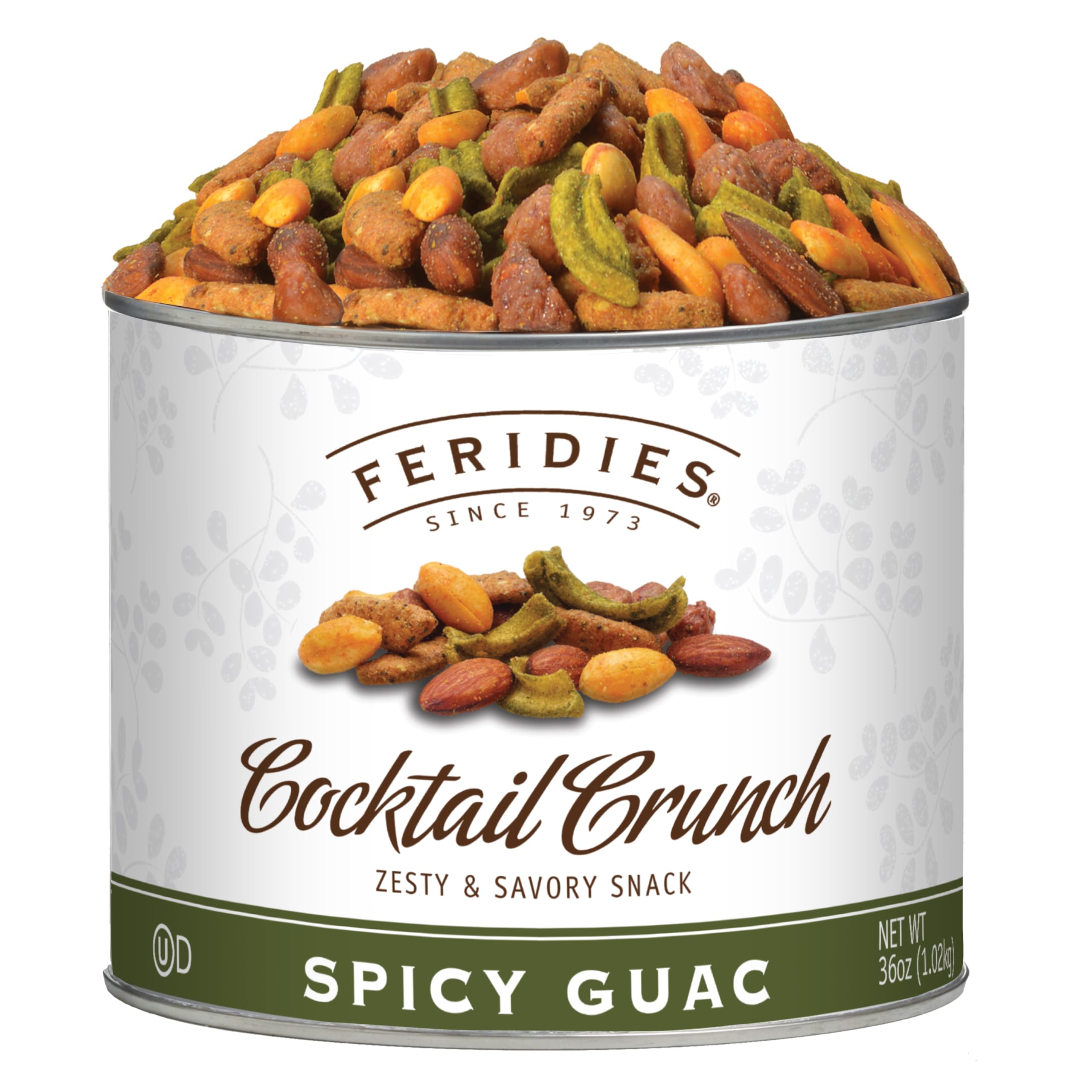 FERIDIES Gourmet Cocktail Crunch Spicy Guac Snack Mix for Adults with Tangy Buffalo and Guacamole Flavors, Premium Virginia Peanuts, Almonds, Sesame Sticks - 36 Oz Tin