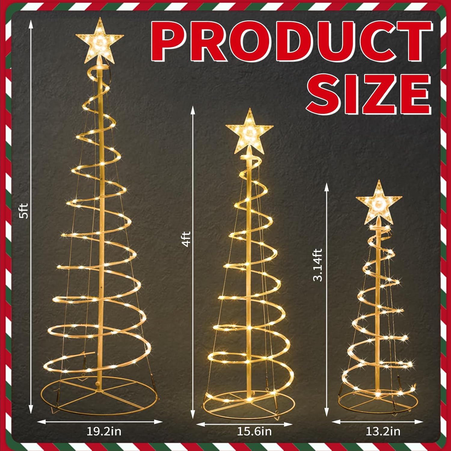 Set of 3 Christmas Decoration Outdoor Spiral Tree, 3/4/5 FT 240 LED Xmas Collapsible Tree Lighted 3D Lights Holiday Display Decorative for Indoor Outdoor Xmas Patio Wedding Decor(Warm White)