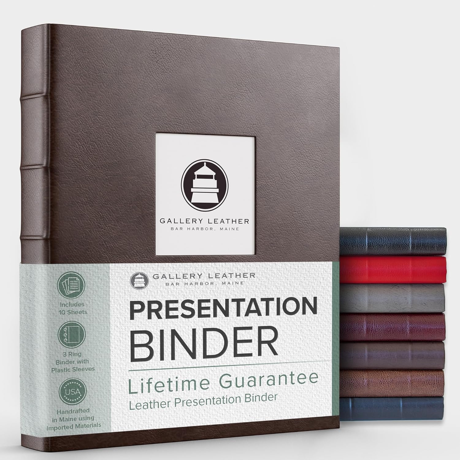 Gallery Leather 3 Ring Binder with Plastic Sleeves, includes 10 Sheets, Sheet Size: 8.5 x 11 - Presentation Binder Rings with Window and Hubbed Spine, Thick: 1.25 Freeport Mocha