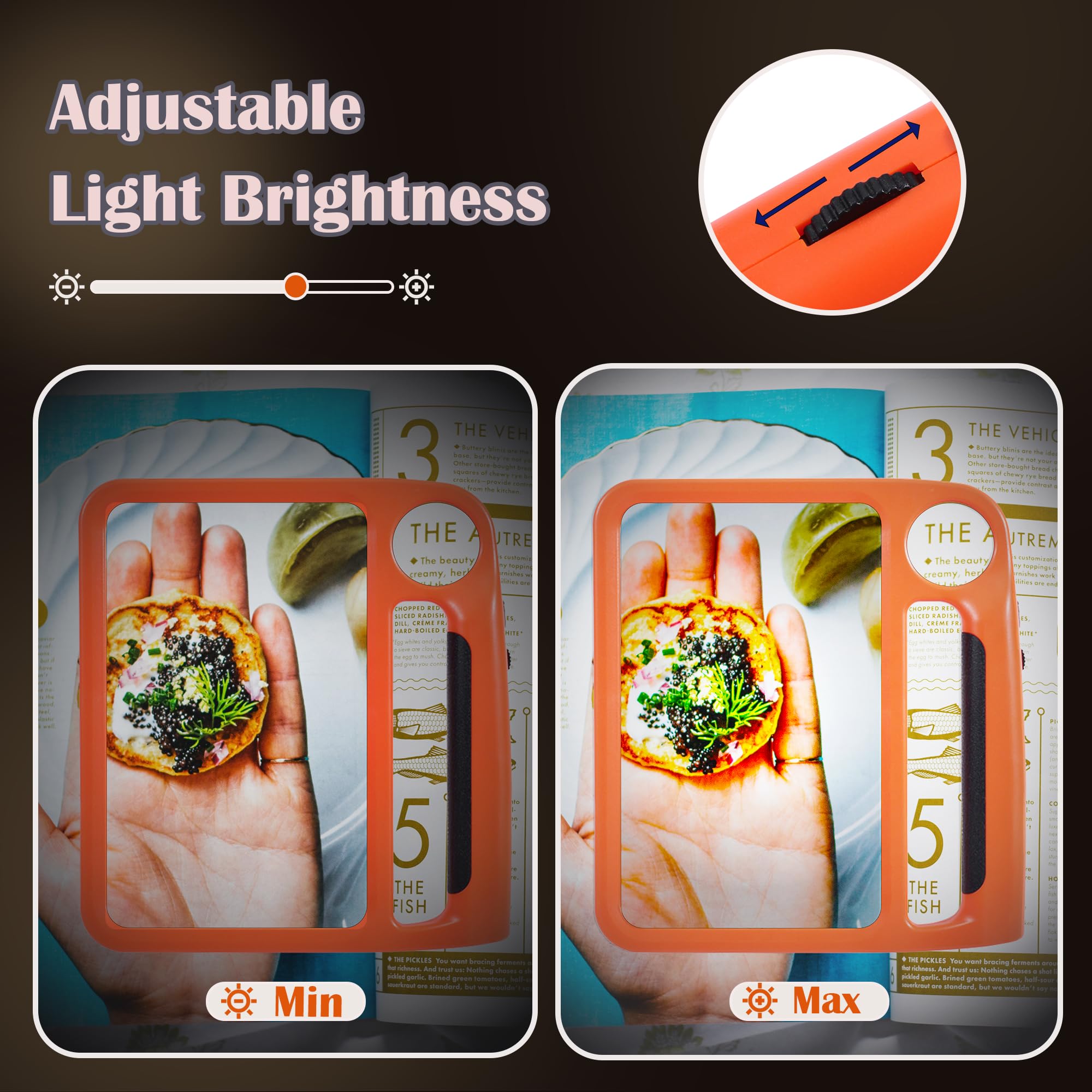 Lente d'ingrandimento 5X 10X a pagina intera per lettura, ricaricabile con 48 luci LED regolabili e 3 modalità di illuminazione, comoda impugnatura e lente d'ingrandimento leggera per anziani
