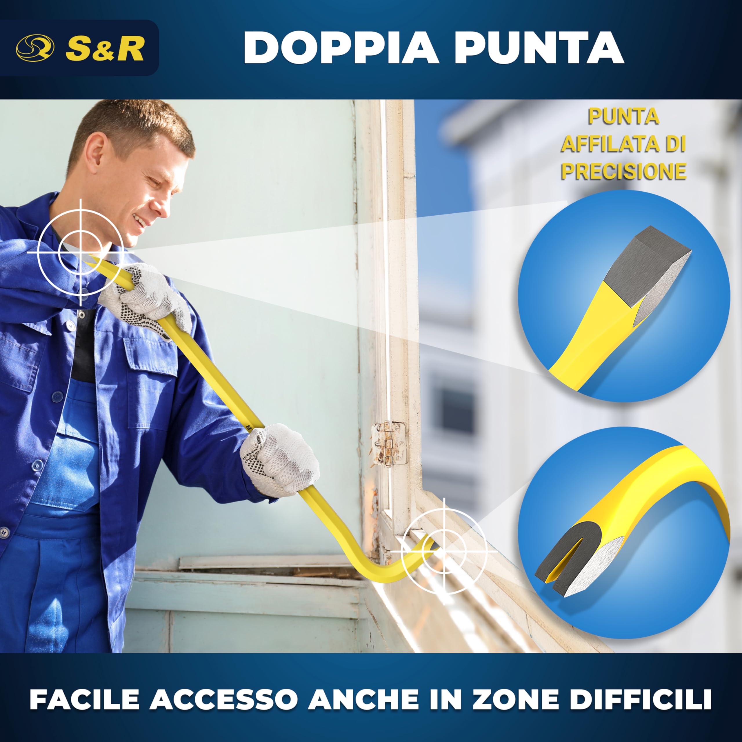 S&R Set di 2 Piedi di Porco Professionali 50 Cm e 80 Cm. Levachiodi per Bancali Piccolo e Lungo in Acciaio Temprato Ideali per Demolizioni, Smontaggi e Ristrutturazioni. Blu e Giallo.