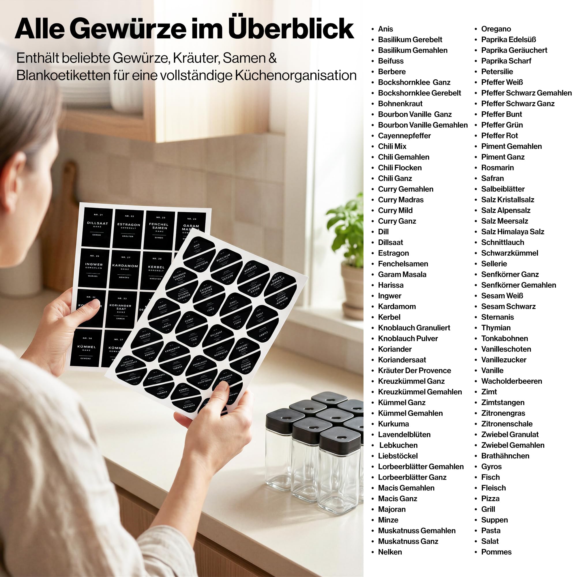 EDELHAUS Gewürzgläser Eckig Set mit Schwarzem Verstellbarerem Deckel (24 x 120ml) Gewürzstreuer mit 240 Etiketten Schwarz - Hochwertige Gewürzbehälter, Gewürzdosen, Gewürze organizer