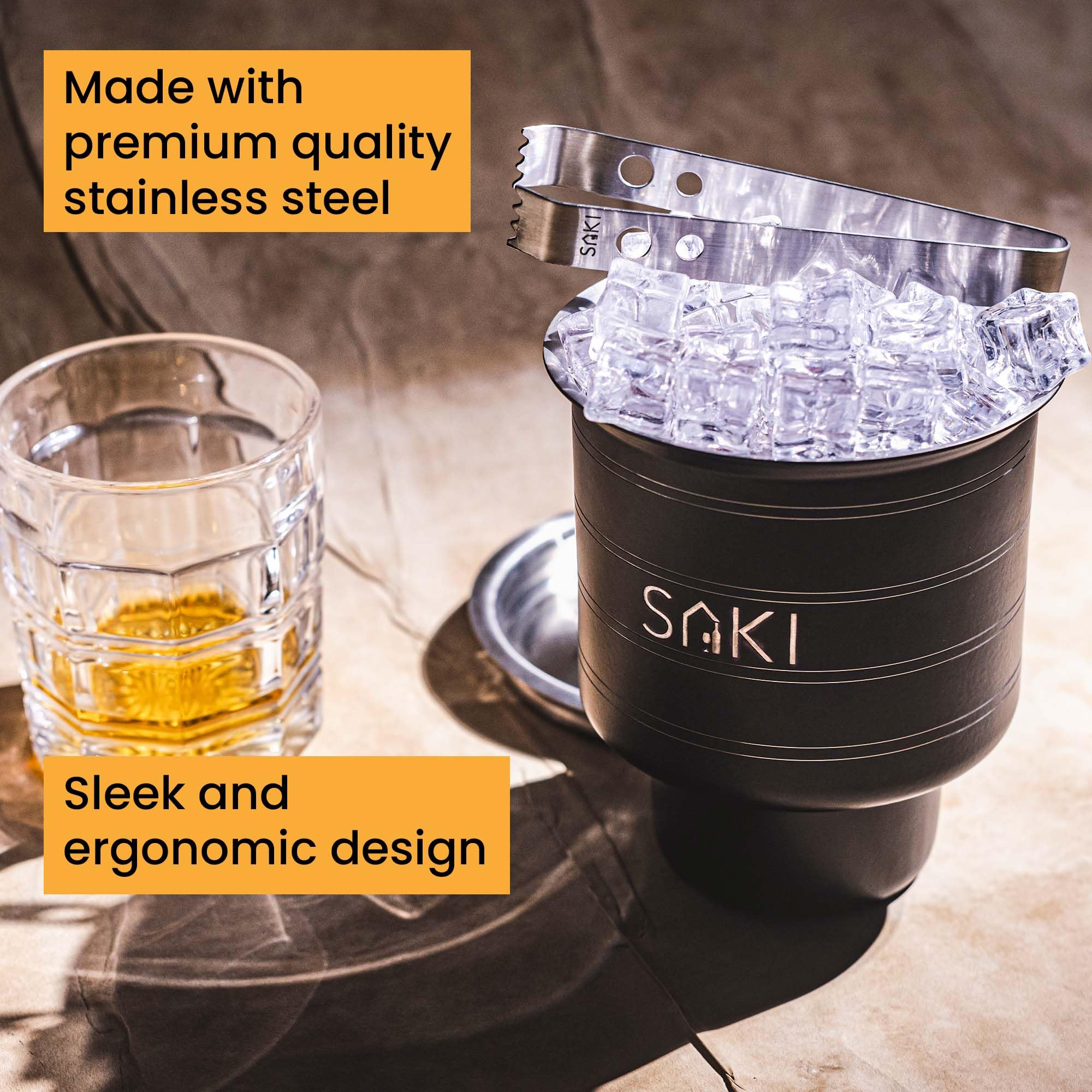 SAKI |Stainless Steel Double Ring Mini Ice Bucket with Tong | Gun Metal Ring Design | Upto 1000mL Storage Capacity 1
