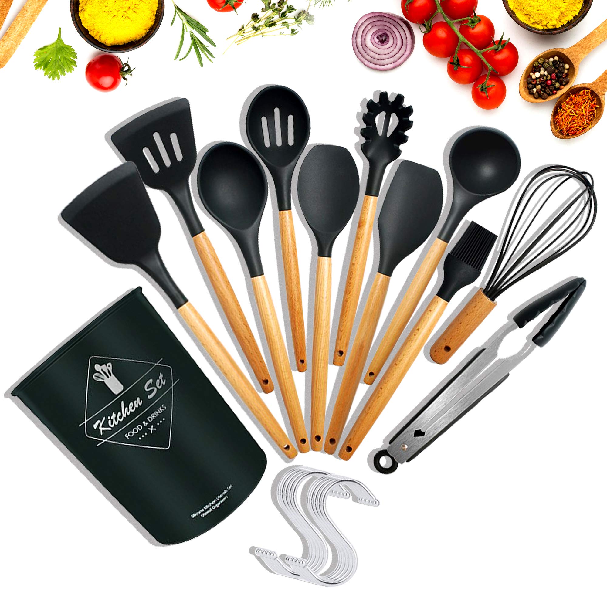 Nestor Premium Silicone Kitchen Utensils Set 13+11 Pcs Hanging Loops & Utensil Holder, Non-Stick Heat Resistant Wooden Cooking Utensils Set Non Toxic Kitchen Gadgets, Kitchen Tools BPA FREE Black Gray
