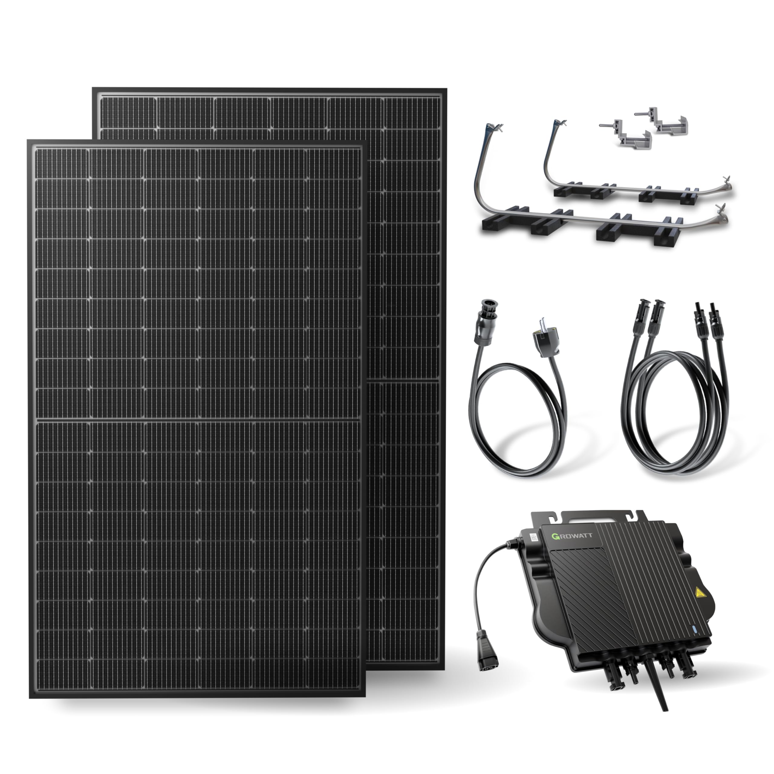 Solakon 900W Balkonkraftwerk mit Halterung (Flachdach) - Balkonkraftwerk 800W komplett Steckdose - 800 Watt Wechselrichter - Solaranlage Komplettset - 450W bifaziale Solarmodule inkl Zubehör 3m Kabel