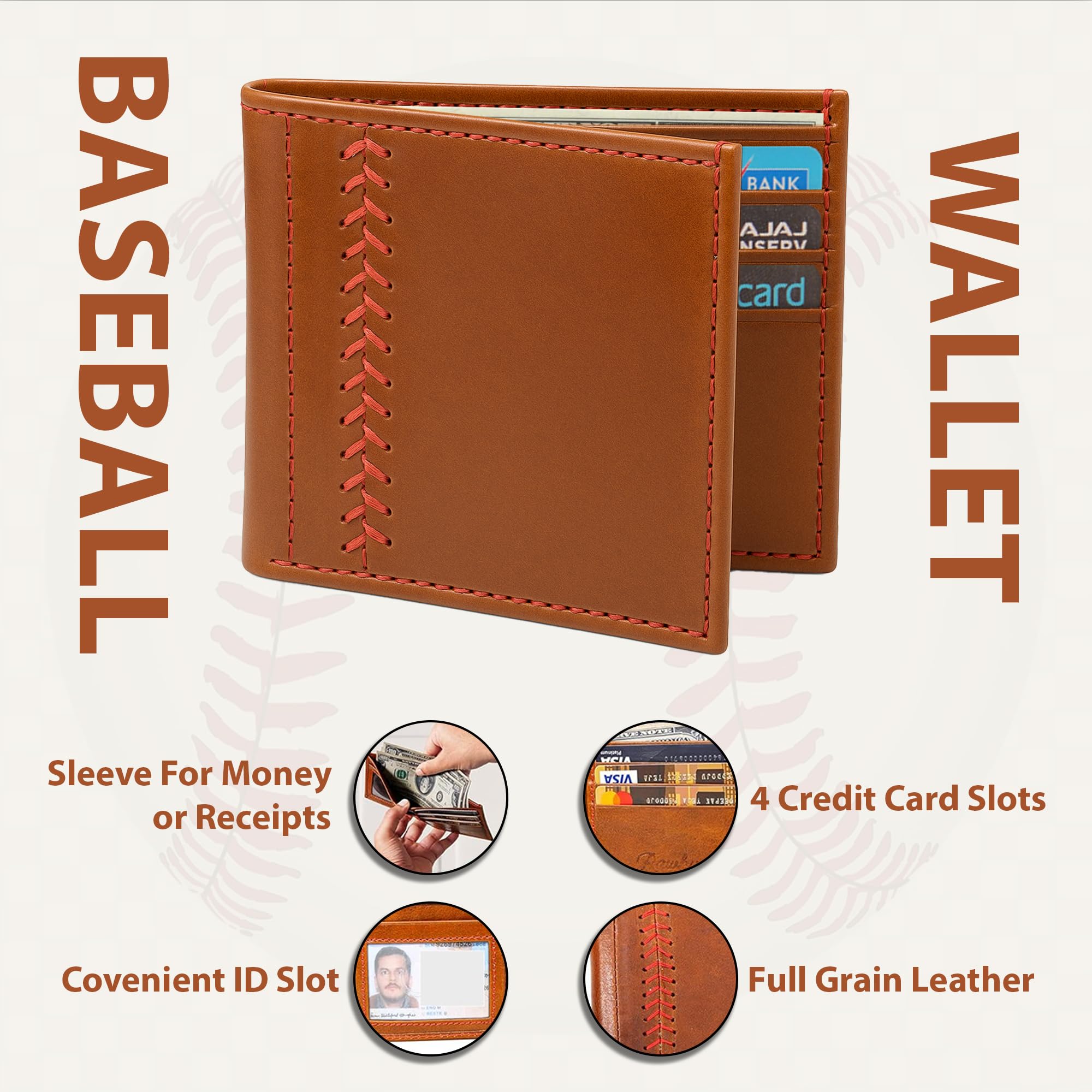 RAW HYD Baseball Leather Wallet – Full-Grain Stitch Style & RFID Blocking Wallets for Men – Compact Card Holder Billfolds for Men – Foldable Wallet w/Front Pocket.