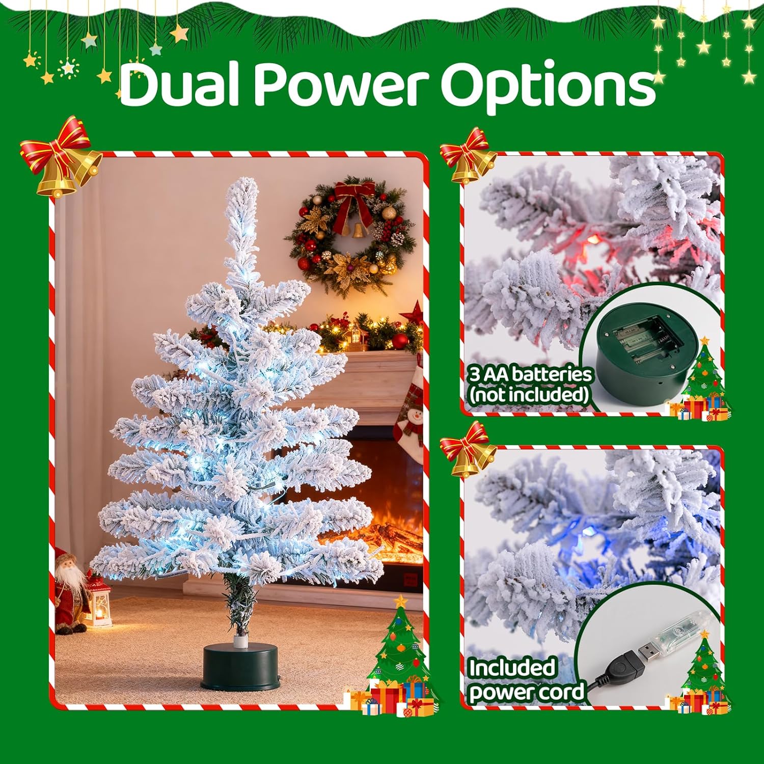 2.2ft Snow Flocked Pre-Lit Small Christmas Tree with 360°Rotating & Musical Base, Tabletop Wireless Movable Design, 50 LED Lights, Dimmable & Timer Functions, Artificial Xmas Tree for Holiday Decor