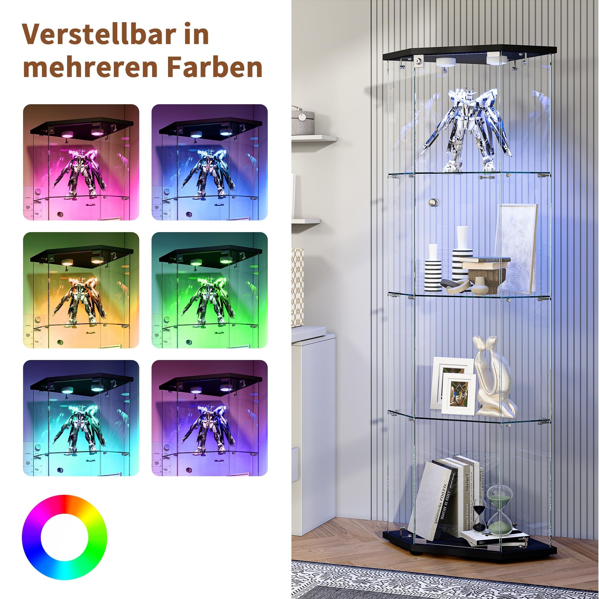 Vetrina Angolare in Vetro con illuminazione a LED, Espositiva Vetrina a 4 Strati da Collezione con Serratura, per Oggetti da Collezione, Libri, 4 Ripiani 1 Ante, Nero A