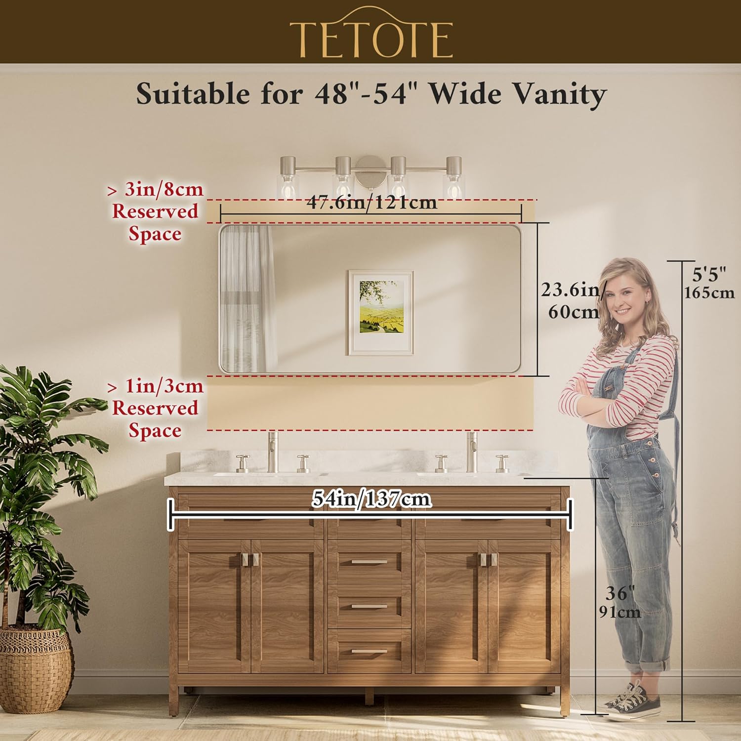 TETOTE 48 x 24 Inch Brushed Gold Frame Mirror, Brass Bathroom Vanity Mirror for Wall, Modern Rectangle Round Corner Matte Framed Mirror (Horizontal/Vertical)