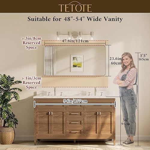 Miniatura 8 de TETOTE Espejo con marco dorado cepillado de 48 x 24 pulgadas, espejo de tocador de baño de latón para pared, moderno espejo rectangular de esquina