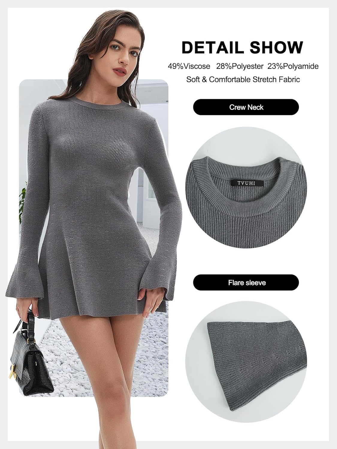 Women Spring Fall Winter Casual Sweater Dress Crew Neck Mini A-Line Knit Flare Sleeve Pullover Sweaters Dresses - Image 6