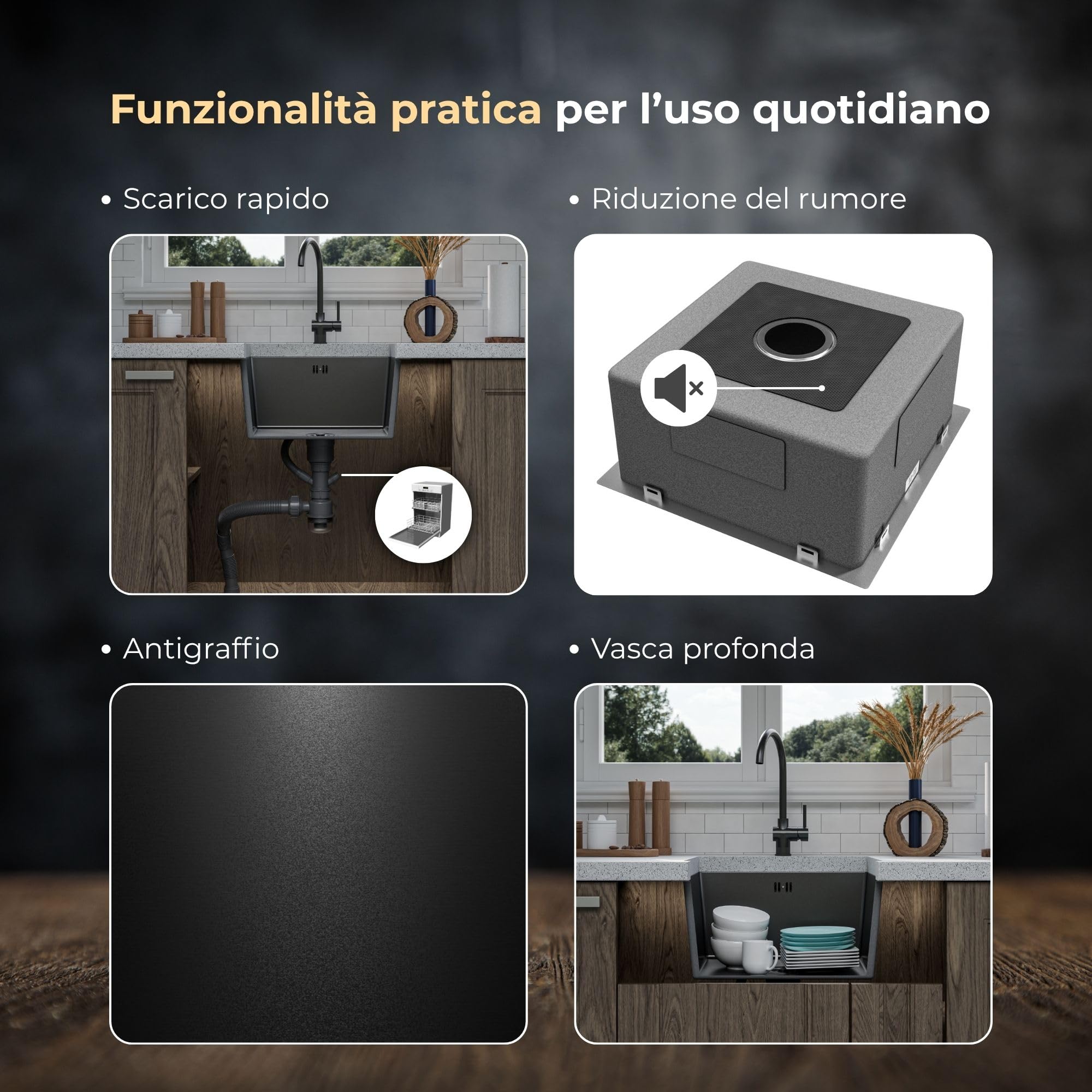 ANW HOME Lavello Cucina 1 Vasca 49x44 cm, Nero | Incasso/Sottotop, Rivestimento Nano, Spessore 3,0/1 mm, Profondità 22 cm, Con Sifone