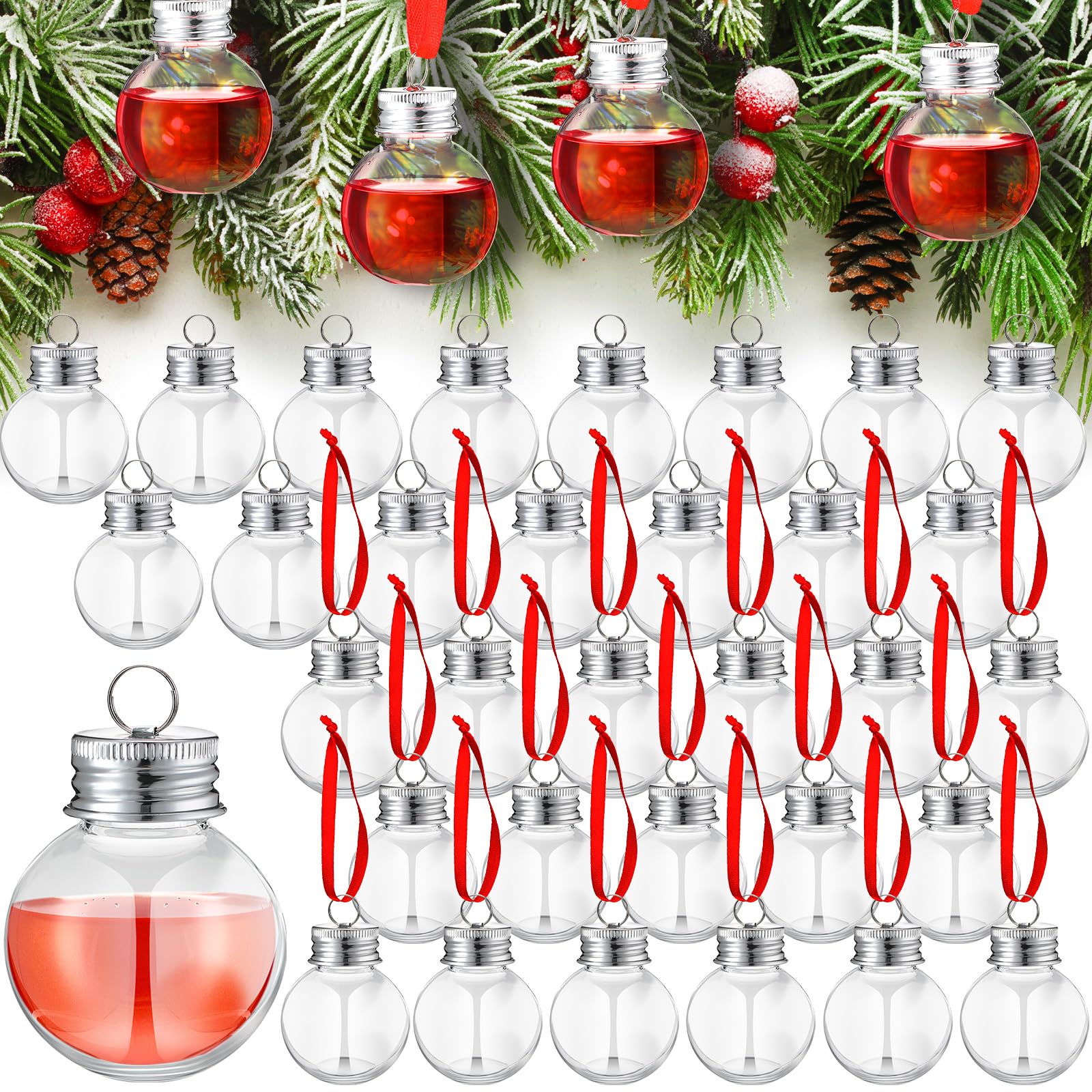 Patelai Lot de 50 boules de Noël en verre à shot en plastique à remplir pour sapin de Noël - Ampoules pour décoration de fête de vacances intérieure et extérieure (transparent avec couvercle argenté)