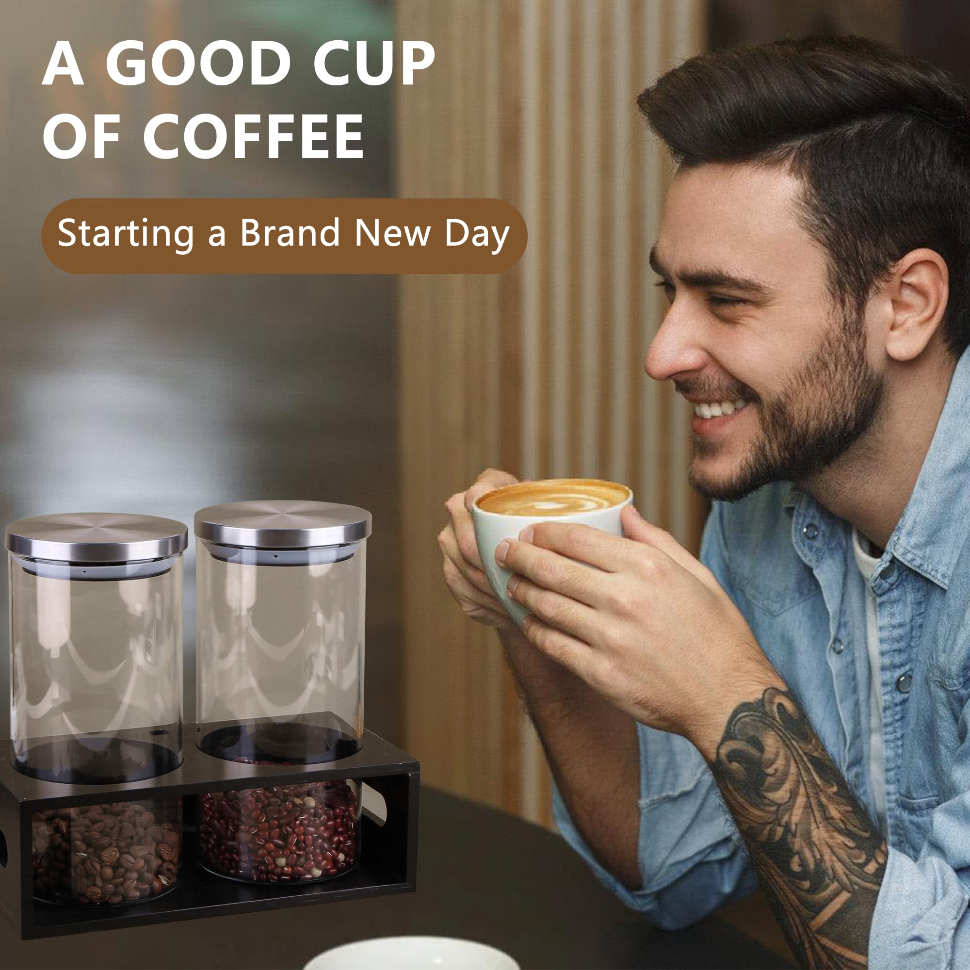 Kaffeebohnenbehälter mit Holzregal und Löffeln, luftdicht, klares Glas, ideal für Zuhause, Büro und Kaffeeliebhaber, Geschenk-Set