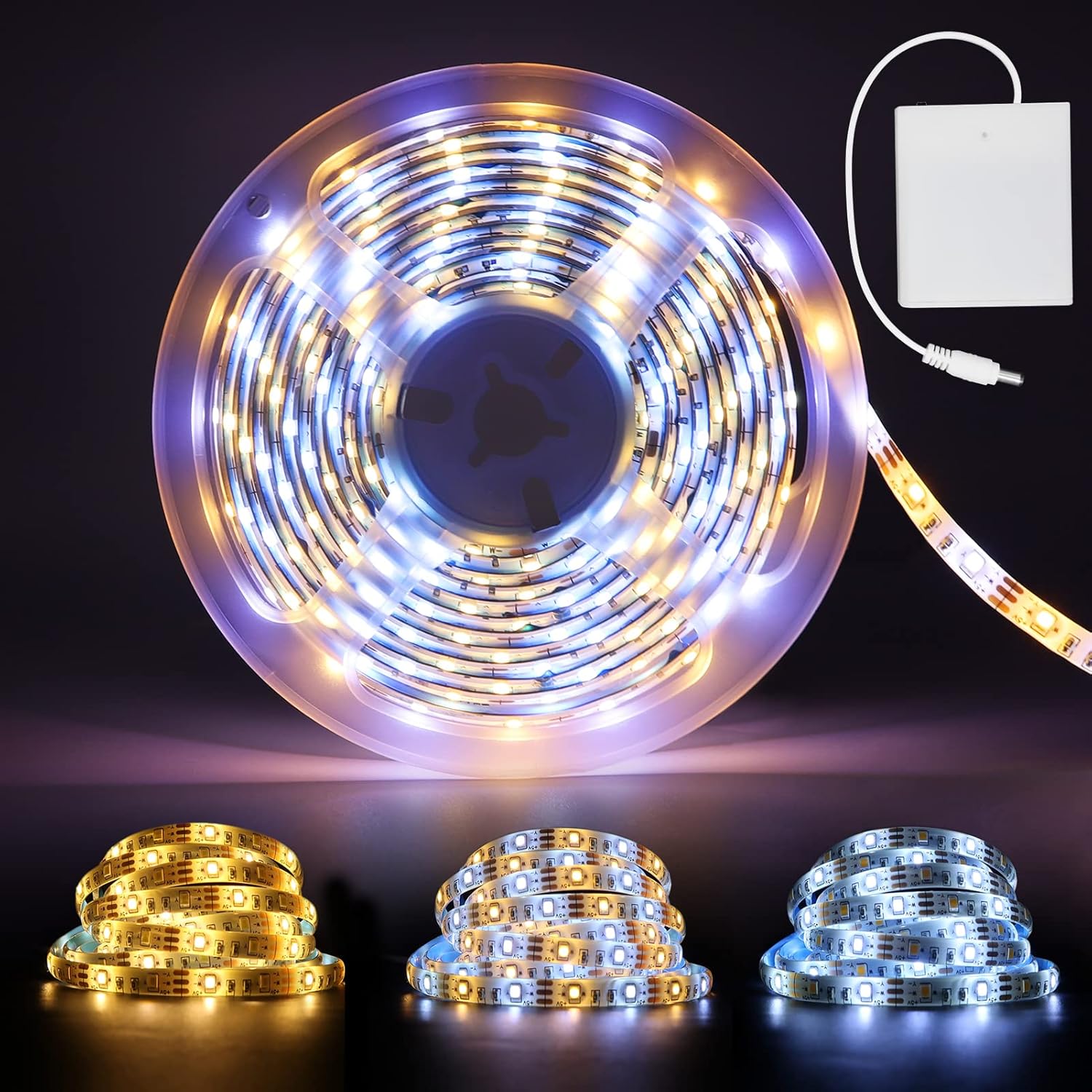 Dual Color Warm & White 10Ft 180 LED Strip Lights Battery