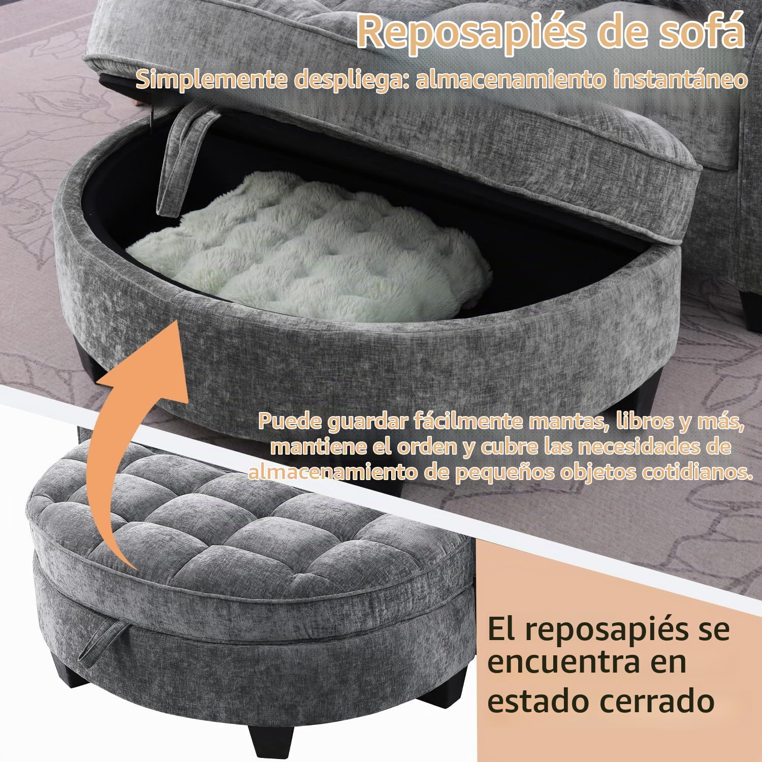 Sofá con función de dormir, sofá pequeño, chaise longue, sofá cama 2 en 1, taburete de almacenamiento y 4 cojines, para sala de estar, estudio, dormitorio, 132 × 129 × 93 cm (gris oscuro)