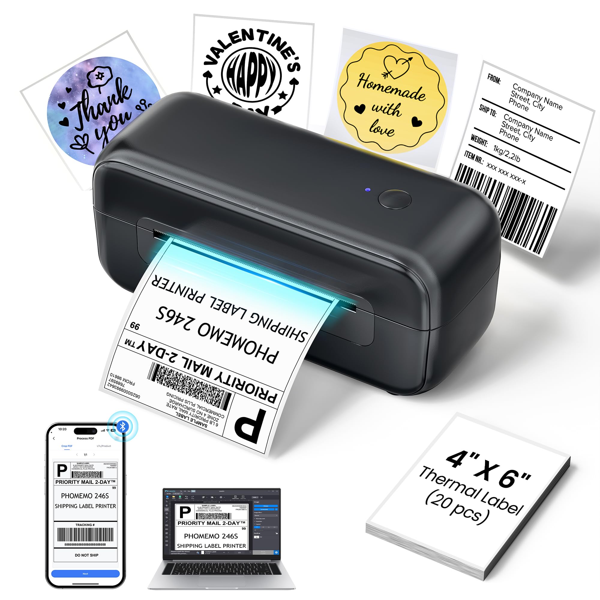 Phomemo Shipping Label Printer 4x6, Bluetooth Thermal Label Printer for Small Business/Shipping Packages/Office/Home, Widely for Amazon, Ebay, Shopify, Etsy, UPS, FedEx - Black