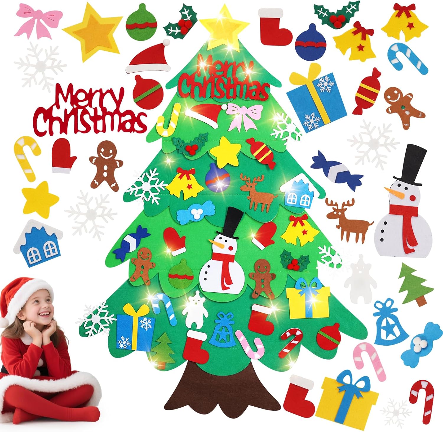 Srkmxzr Felt Christmas Tree Set for Adult, 3ft Indoor Christmas Decorations with String Lights, 38 pcs Wall Hanging Decorations Felt Craft Kits for Xmas Party Favors (Batteries Not Included)