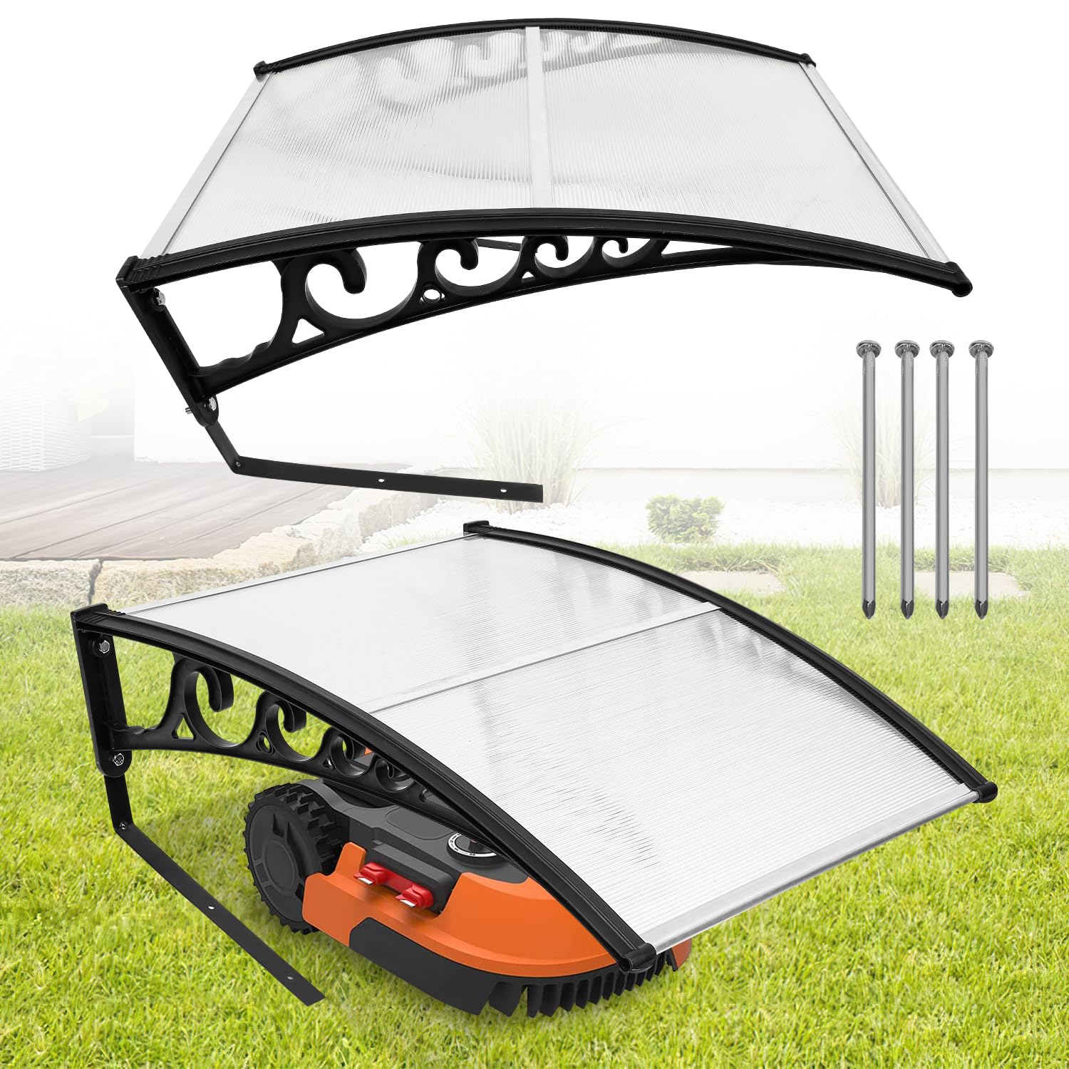 Daromigo Mähroboter Garage Dach Carport für Rasenmäher Rasenroboter Automower, 105x85x45cm, Rasenroboter Garage für Garten Witterungsbeständig UV Schutz, Mährobotergarage mit Metallfüßen, Transparent