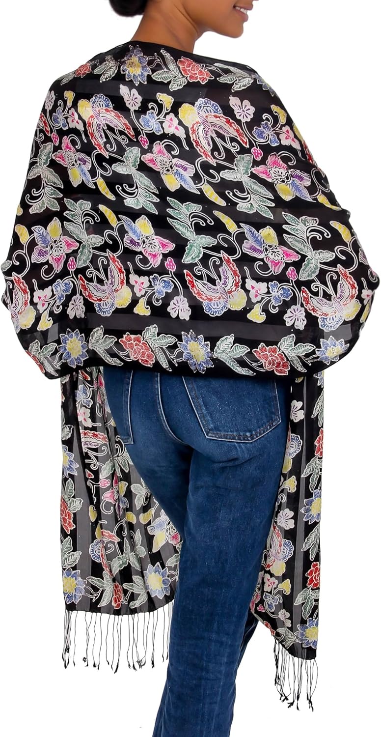 NOVICA Artisan Crafted Silk Batik Women Shawl | Multicolor Hand Stamped Floral Accessories | Balinese Black | Patterned | Hand Wash | Indonesia ' Night in The Garden' 89" L x 21.25" W