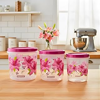 MODWARE Plastic Grocery Container Set, BPA-Free, Airtight Snap Lock, Blue Floral Design, Round (Pink, 5L, 7L, 10L)