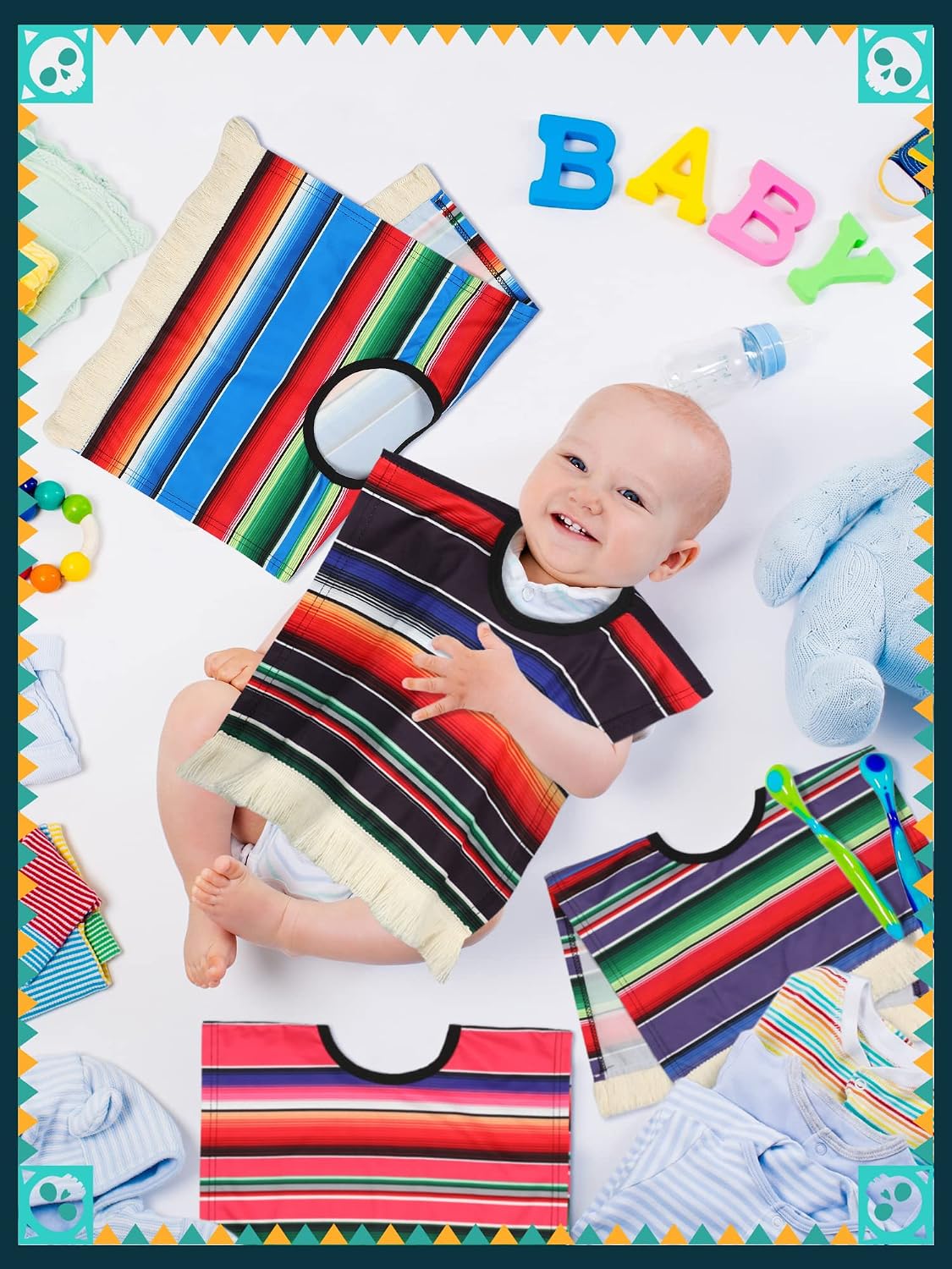 Funtery 4 Pcs Mexican Serape Poncho for Kids Baby Mexico Poncho Costume Cinco De Mayo Outfit Fiesta Theme Costume