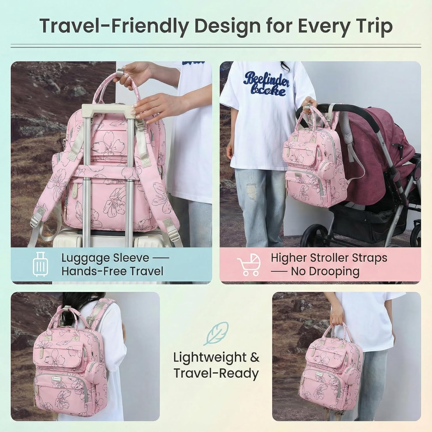 Diaper Bag Backpack for Baby – Large Capacity Waterproof Travel Tote, Multifunction Baby Bag with Changing Pad, Pacifier Holder & Stroller Straps (Strawberry Pink)