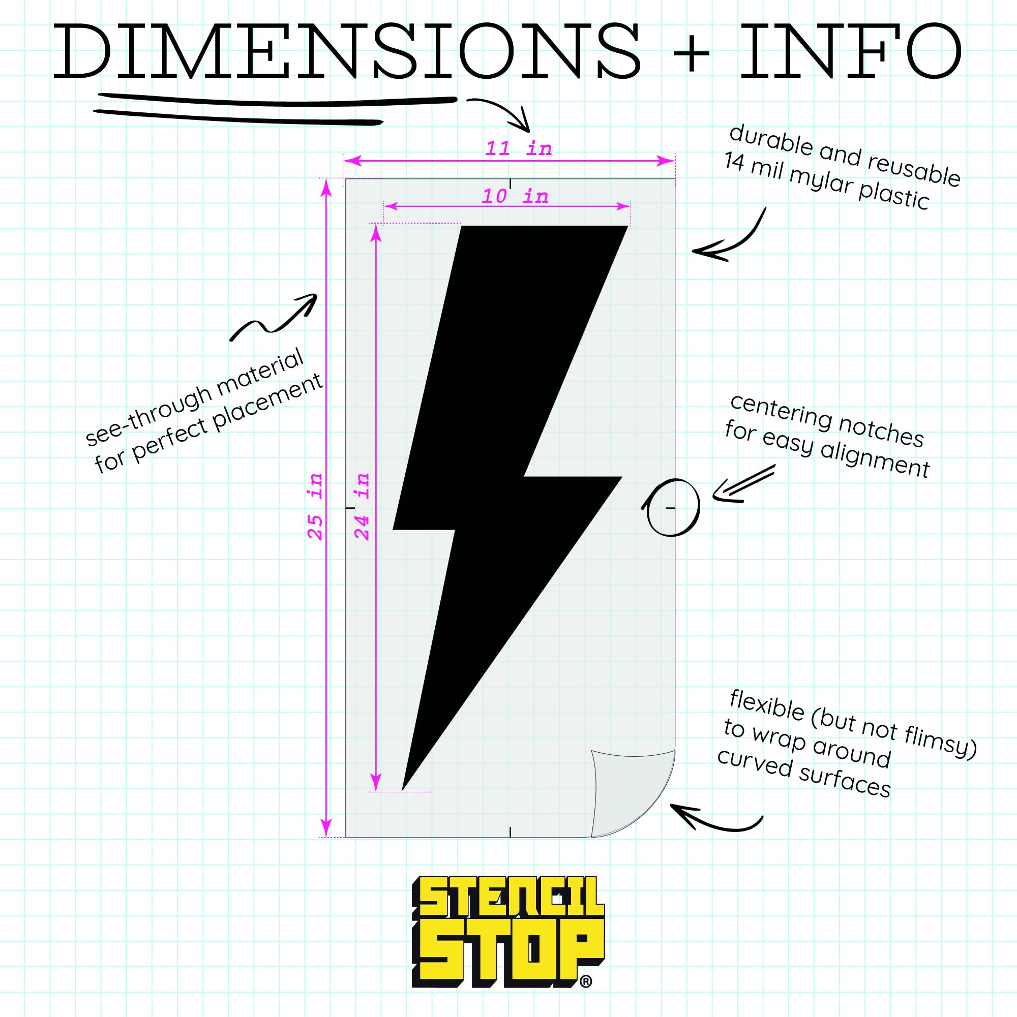 Stencil Stop Pochoir Lightning Bolt – 25,4 x 61 cm – Pochoirs réutilisables pour peinture sur bois, murs, tissus et rochers – Plastique Mylar durable de 14 mm pour loisirs créatifs et projets