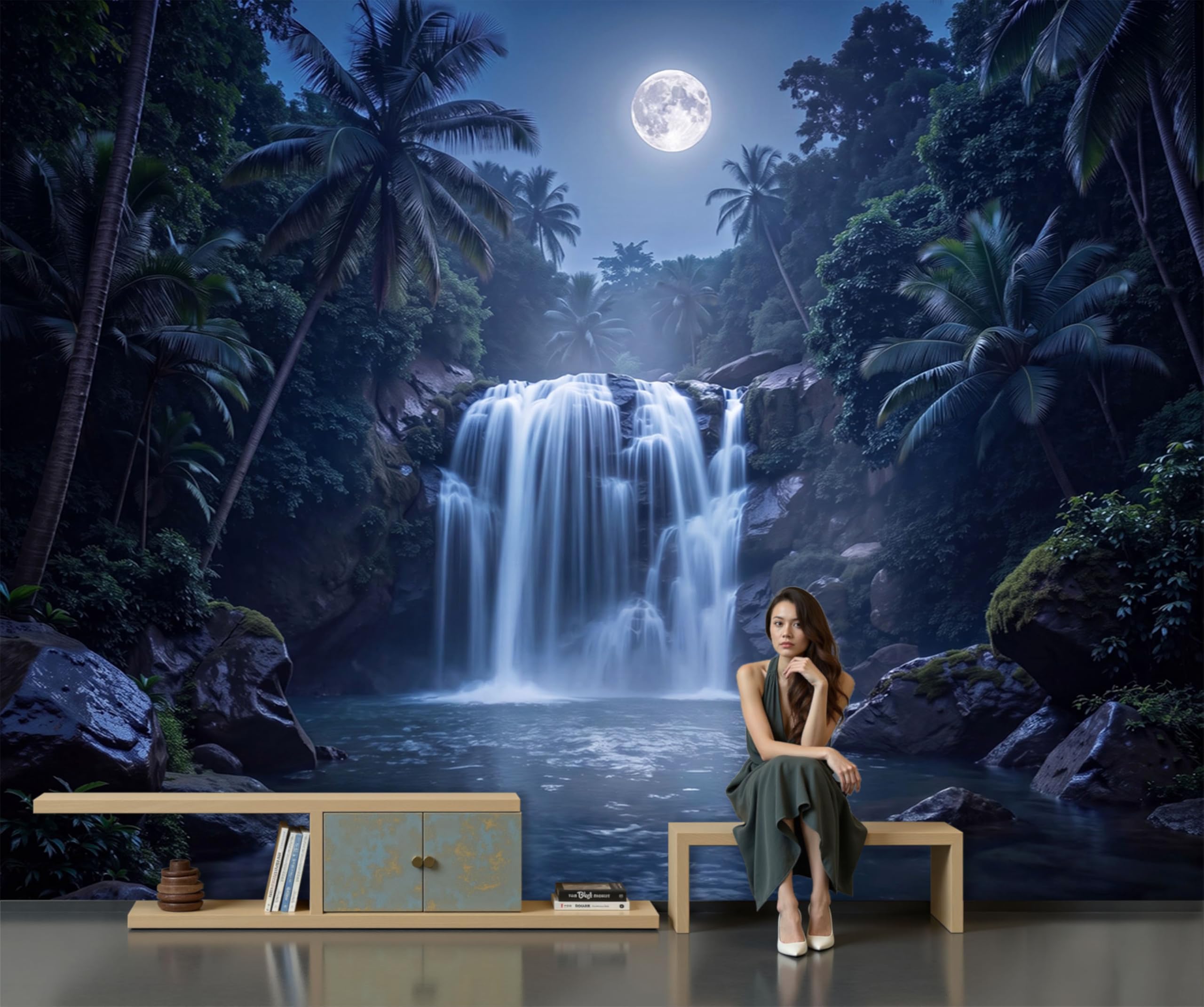 Papier Peint Panoramique Vue nocturne tropicale, Papier Peint Cascade Forêt tropicale Lune, Fresque Murale Intissée Bleu foncé Soie Décoration XXL Murale Pour Salon, Chambre, Bureau 250x175cm
