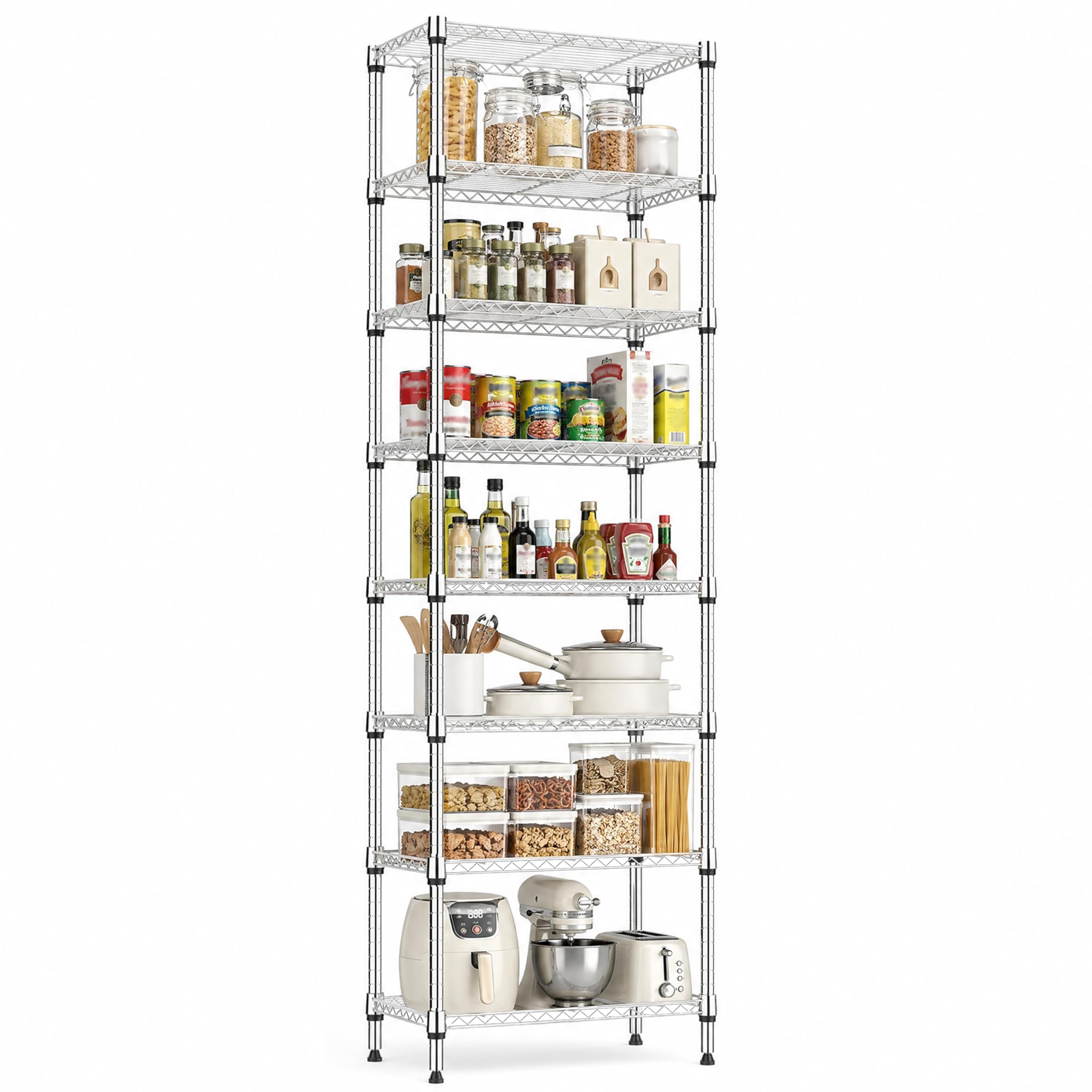 M MZG 8-Shelf Storage Unit With Height Adjustable Shelves and Levelling Feet for Garage Bedroom Living Room Kitchen Pantry 908 kg Max Weight 35 x 60 x 201.8 cm Chrome