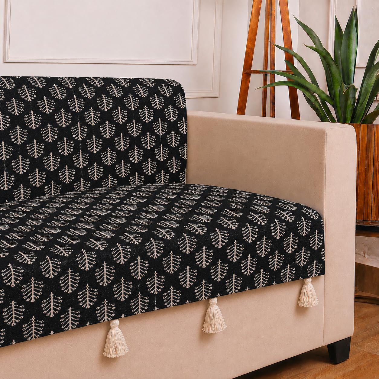 STITCHNEST 'Nomad Weave Collection' 1 Seater Sofa Cover – Full Coverage| Elegant Jacquard Fabric, Decorative Tassels, Washable & Durable for Modern Living