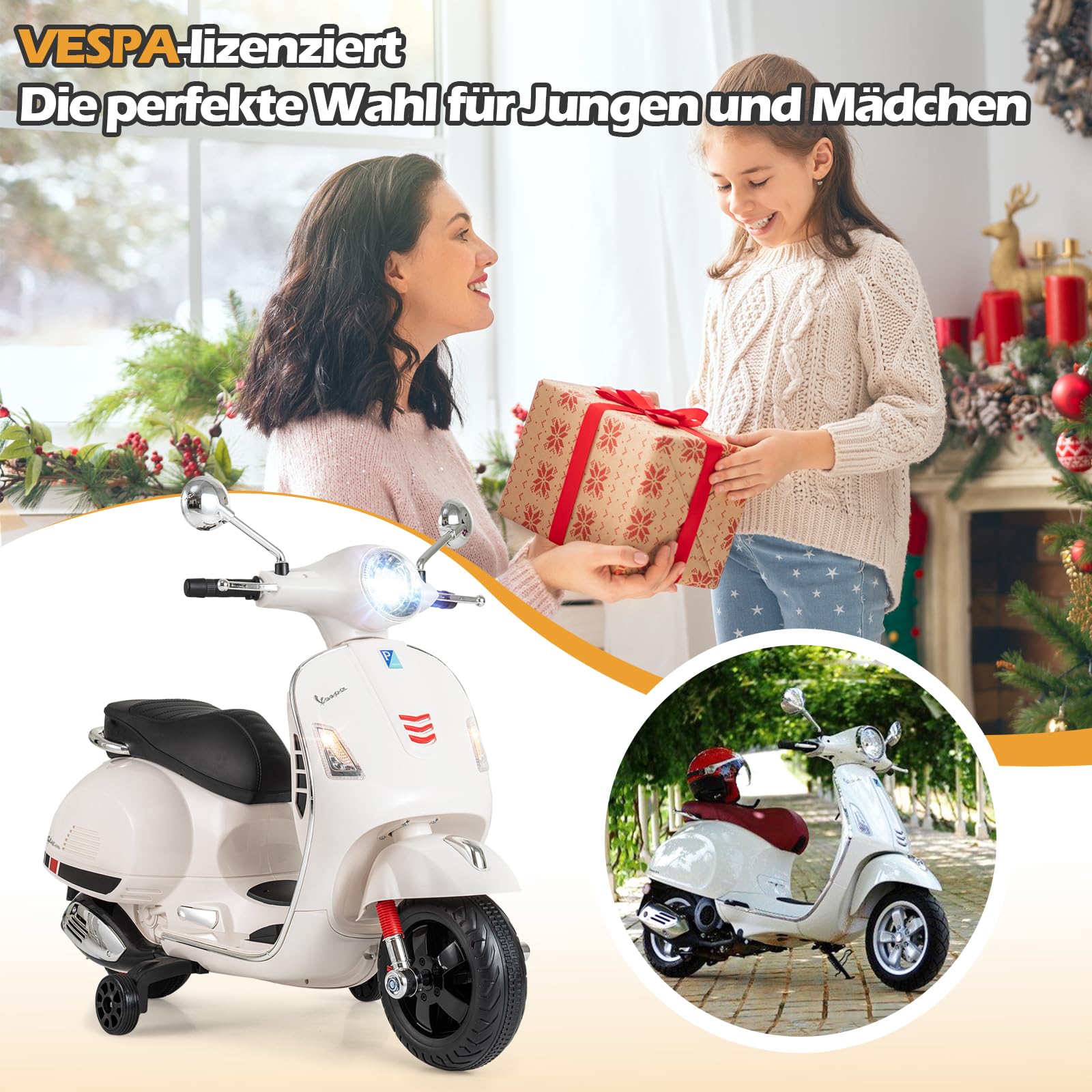 COSTWAY Kinder Motorrad Elektrisch, Vespa 12V Motorrad mit LED-Scheinwerfer & Hupe, 2-3 km/h Elektro Kindermotorrad mit Stützrädern, Elektrofahrzeug für Jungen & Mädchen von 3-6 Jahren (Weiß)