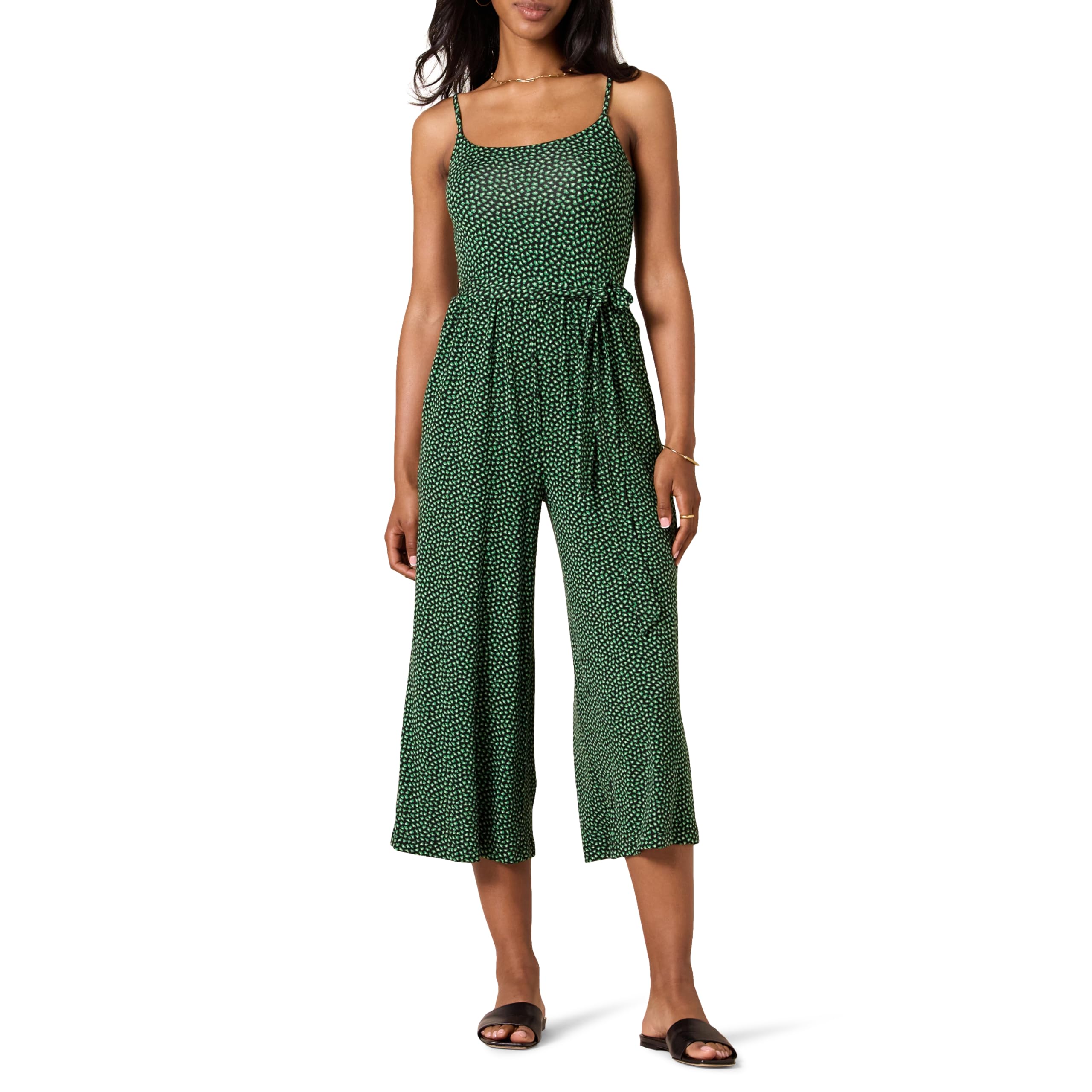 Amazon Essentials Women's Jersey Cami Cropped Wide Leg Jumpsuit, Green Floral, XS