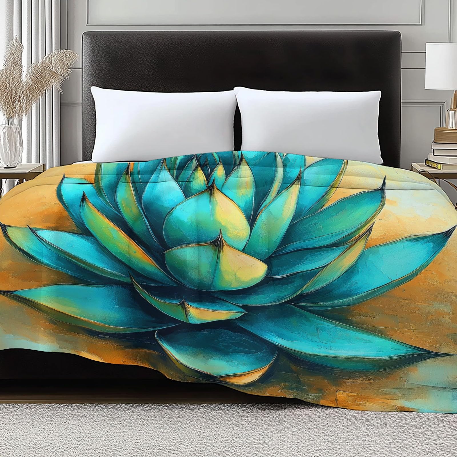 Genérico Manta Franela para Cama Turquesa, Ultra Suave Mantas Estampado Abstracto Planta Cactus De Agave para Sofa 220 x 240 cm - Cálida y Acogedora para Cama Sofá Oficina Coche Viajes Camping