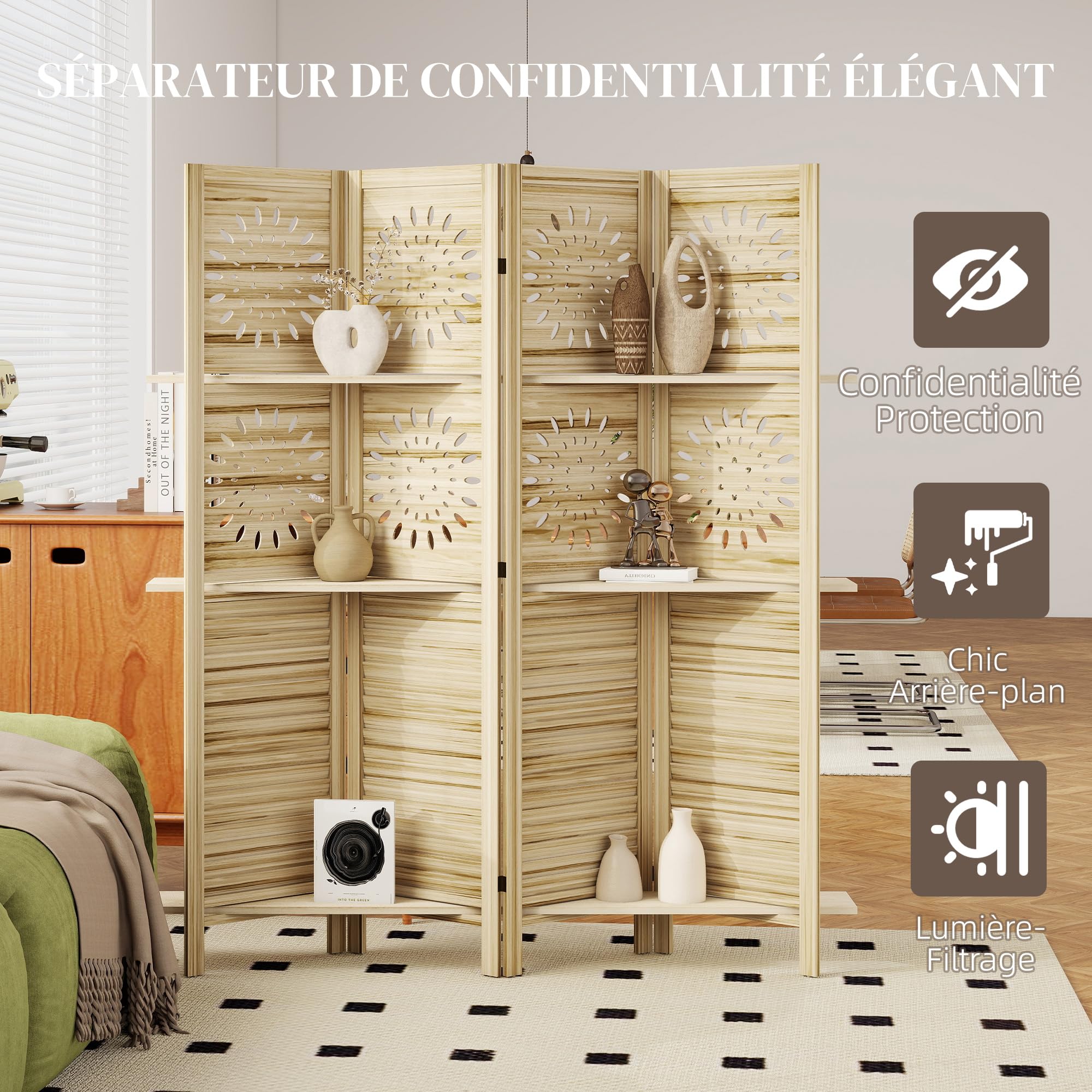 HOMCOM Paravent intérieur 4 Panneaux et 3 étagères, 160 x 170 cm, séparateur de pièce Pliable en Bois de Paulownia, cloison de séparation pour Salon, Chambre à Coucher, Maison, Bois Naturel