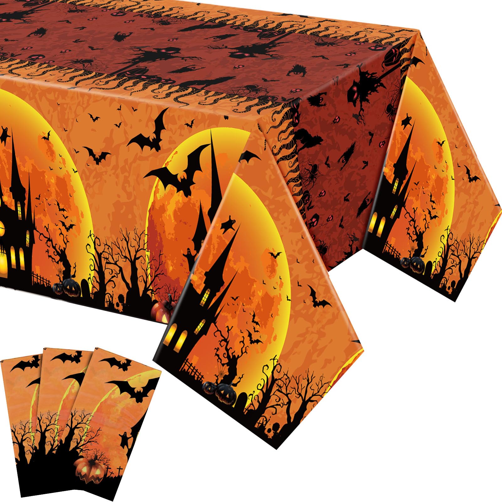 Halloween Plastic Tablecloth 3-Pack - 54x102 Inch Pumpkin & Witch Design Party Decor