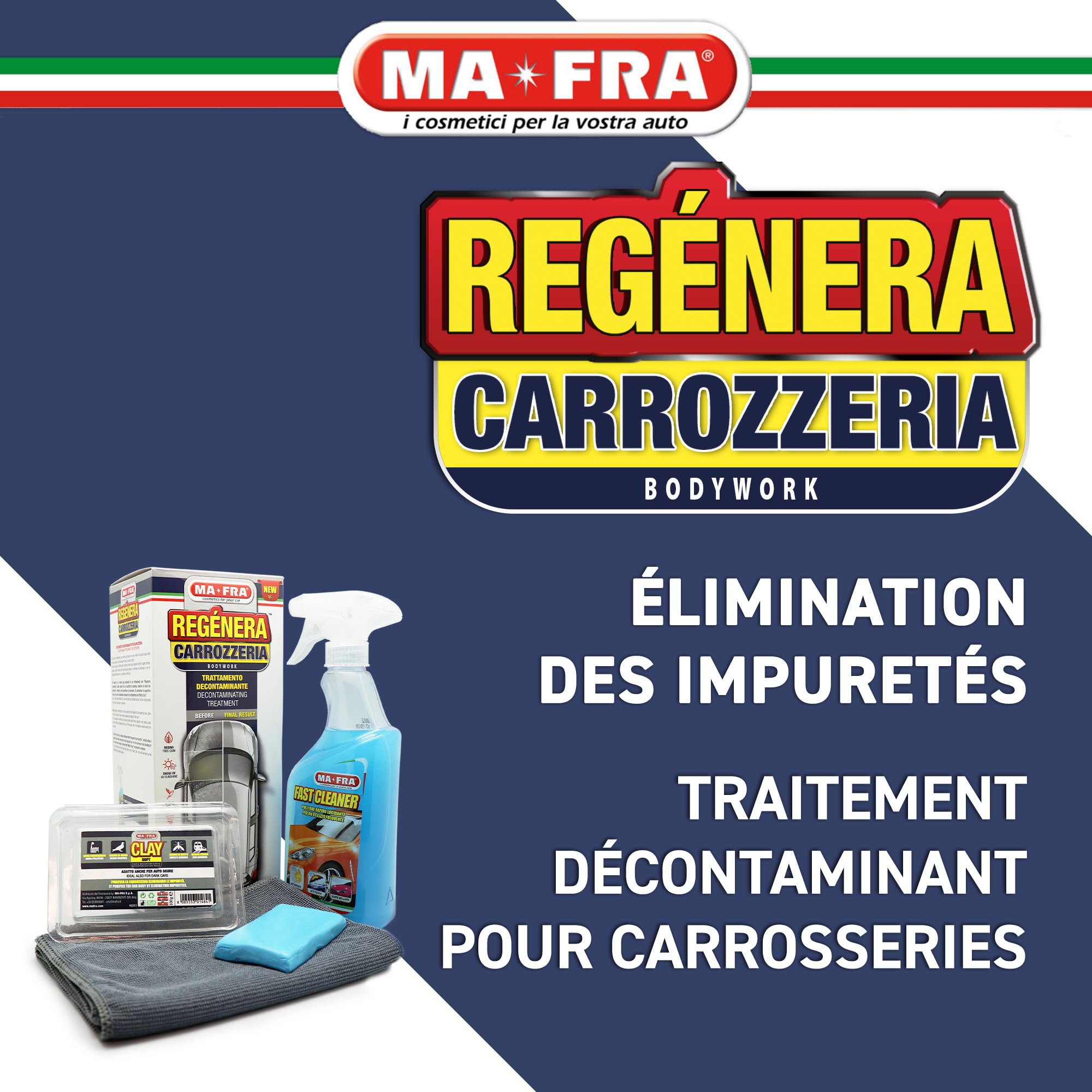 Mafra, Car Refinish Kit, Traitement décontaminant pour la carrosserie et Le Verre, Les Insectes et Les résidus ferreux de Toutes Les Surfaces extérieures, Contient Fast Cleaner et Clay Bar Soft