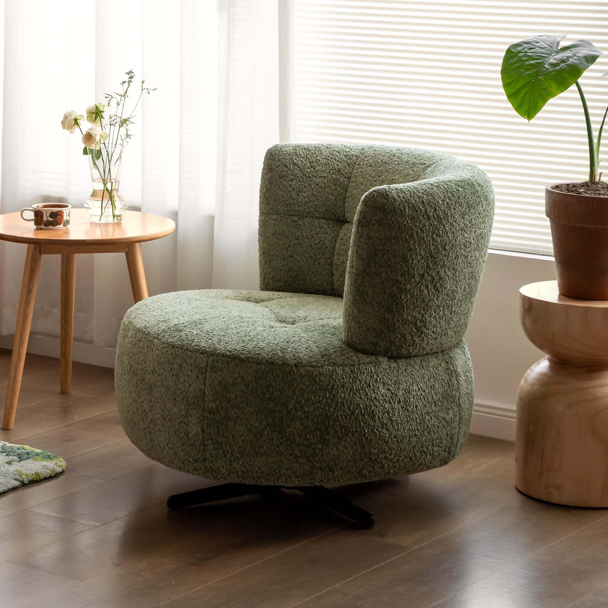 YESWOOD Einzel-Sessel - 360° drehbar, leicht & platzsparend, ideal für Wohnzimmer & Schlafzimmer, 82T x 77B x 75H cm, Bouclé-Stoff, Weihnachtsgrün