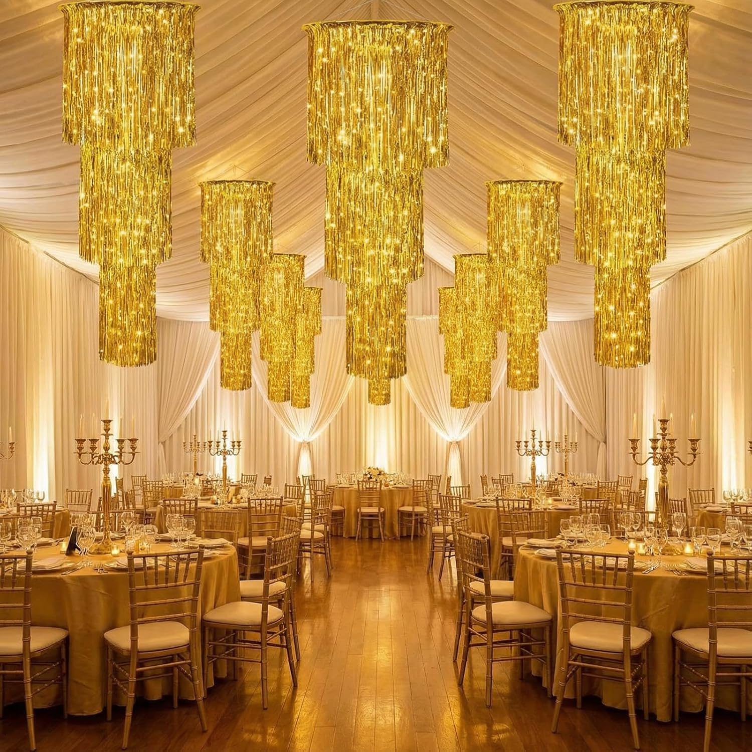 Tatuo 3 Tier Metallic Tinsel Chandelier Shimmering Fringe Chandelier Decor Hanging Decoration Photo Booth Backdrop for Birthday Anniversary Wedding New Year's Eve Party Supplies, 4 ft(2 Pcs,Gold)