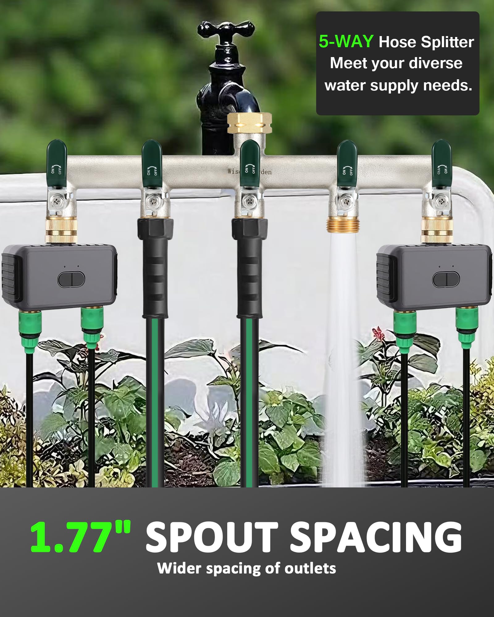 Repartidor de agua de 5 vías, 5 vías, en latón niquelado, para grifo de jardín, 5 vías, con manijas verdes, resistente, conexión hexagonal con adaptadores de 1/2"