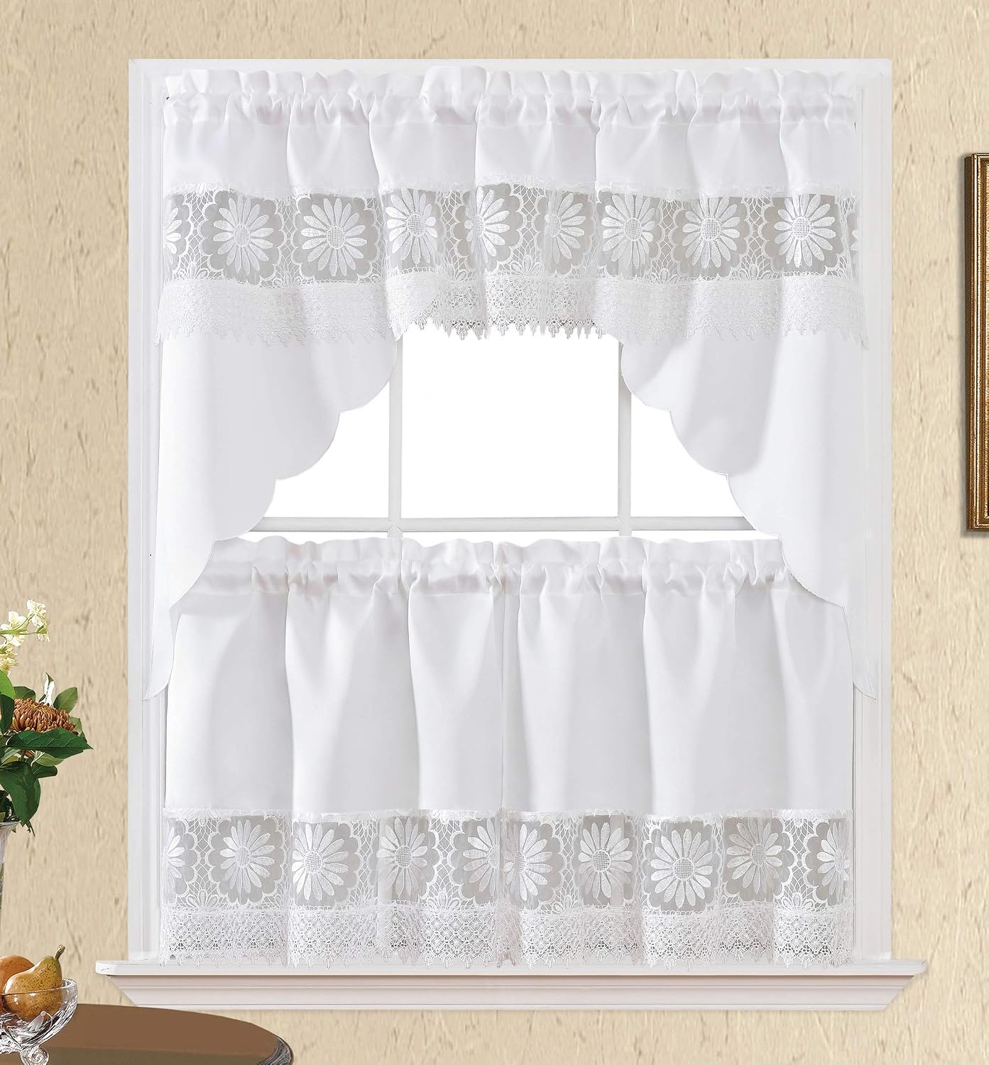 GOHD Daisy Dream Kitchen Cafe Curtain Set,with Daisy Embroidery.White,36"