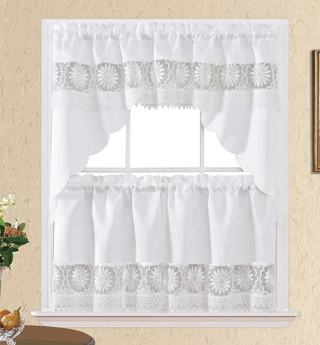 GOHD Daisy Dream. Juego de cortinas de cocina para ventanas pequeñas. Tela de satén con bordado de margaritas de color a juego y encaje (blanco,