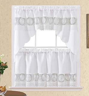 GOHD Daisy Dream Kitchen Cafe Curtain Set,with Daisy Embroidery.White,24"