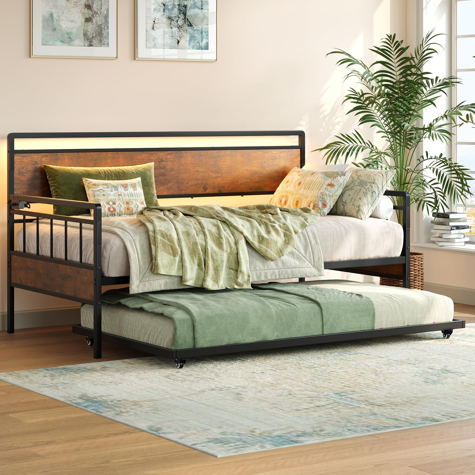 Tatub Twin Daybed with Trundle, LED Light and Charging Station, Rustic Metal Sofa Bed Frame with Wooden Headboard, Saving Space Day Bed Frame with Pull Out Trundle for Adults and Teens