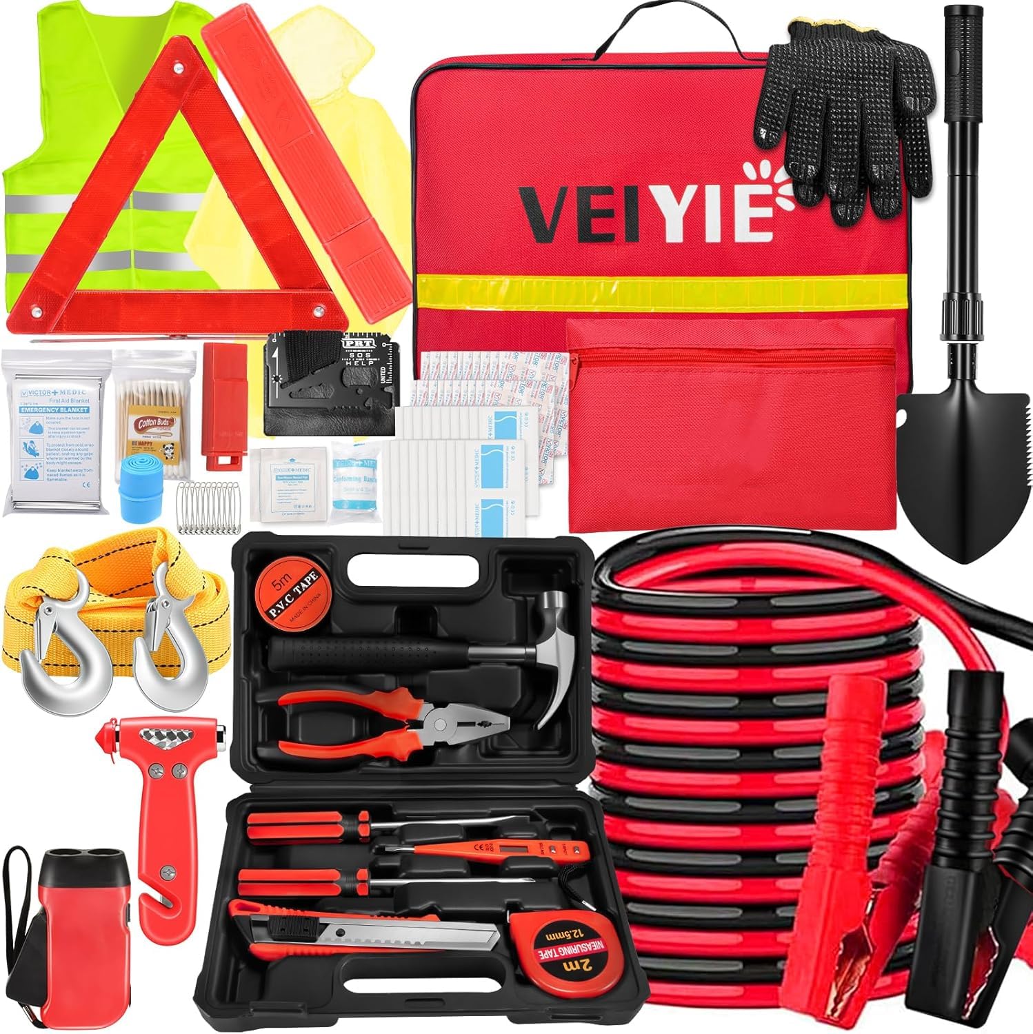VEIYIE 119-in-1 Red Roadside Emergency Car Kit
